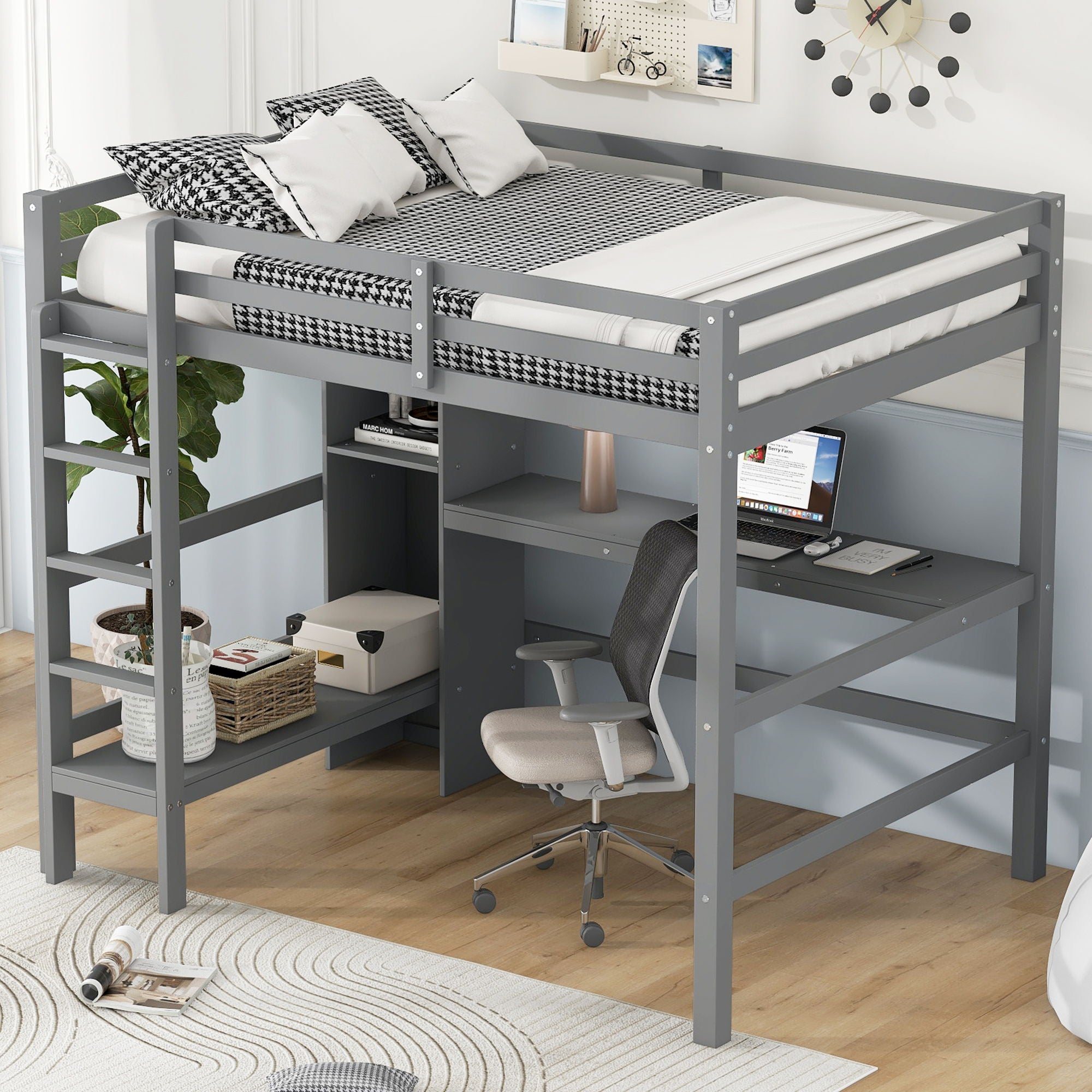 Loft Bed With Built In Desk And Multifunction Shelves