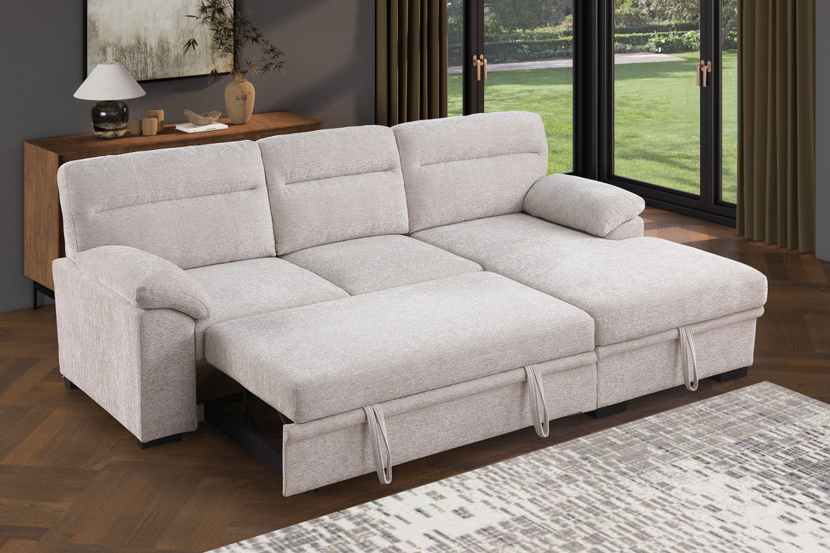 Kipling II 94"W Beige Chenille Fabric Sleeper Sectional Sofa with Right-Facing Chaise, Cupholders, USB Charging port