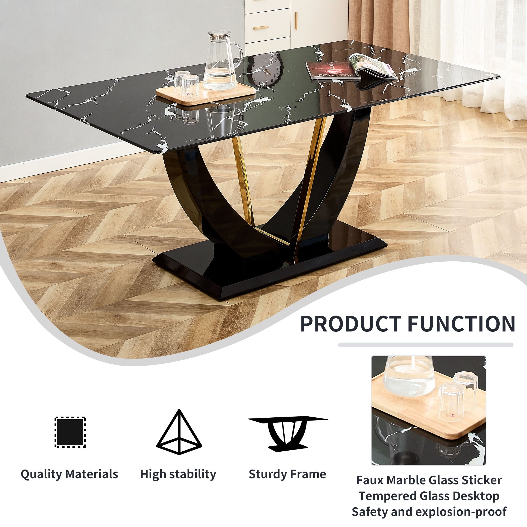 Modern Minimalist Luxurious Imitation Marble Dining Table Rectangular Office Desk With Tempered Glass - Black