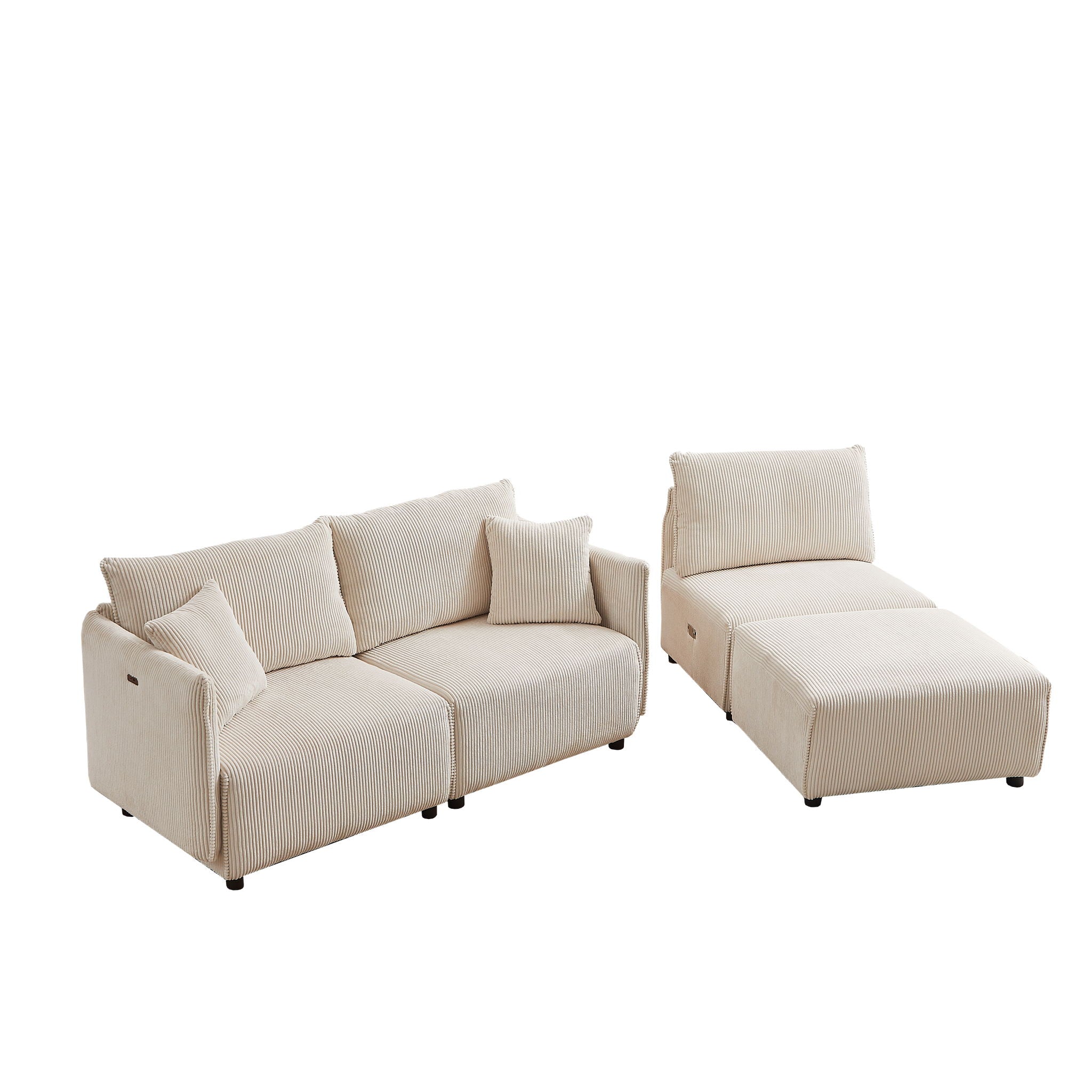 Modern Minimalist Corduroy Combination Sofa With 2 Comfort Cushions With USB & C Charging Ports