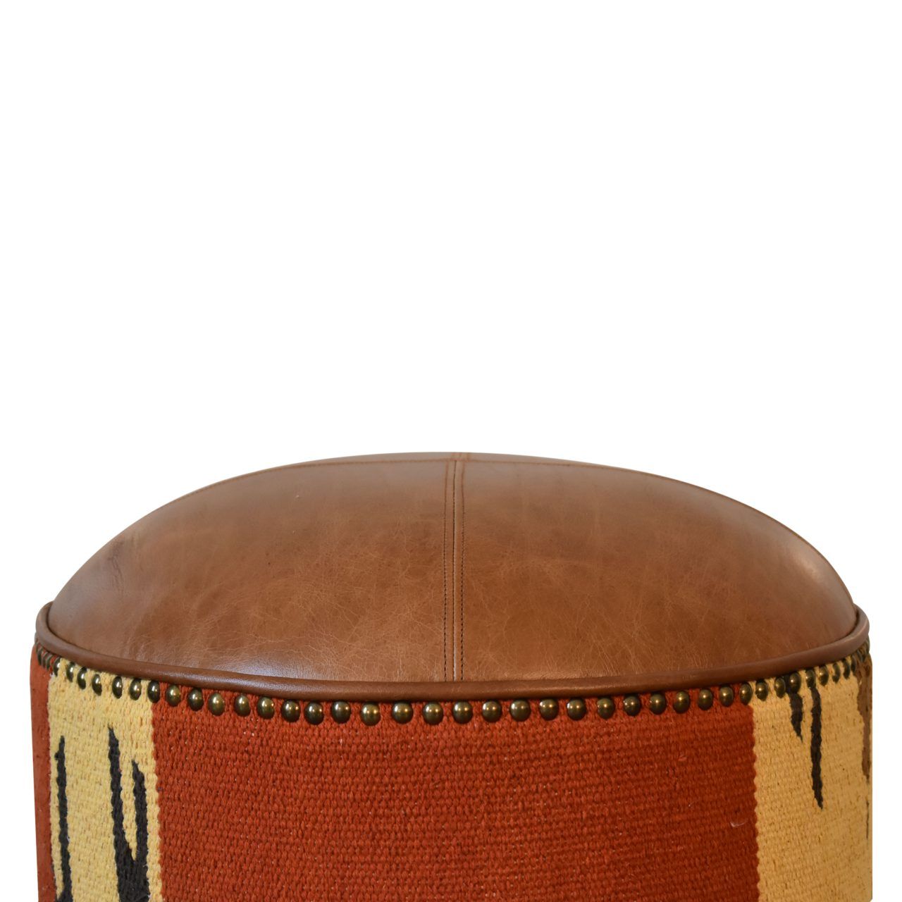 Durrie & Leather Mixed Footstool - Brown