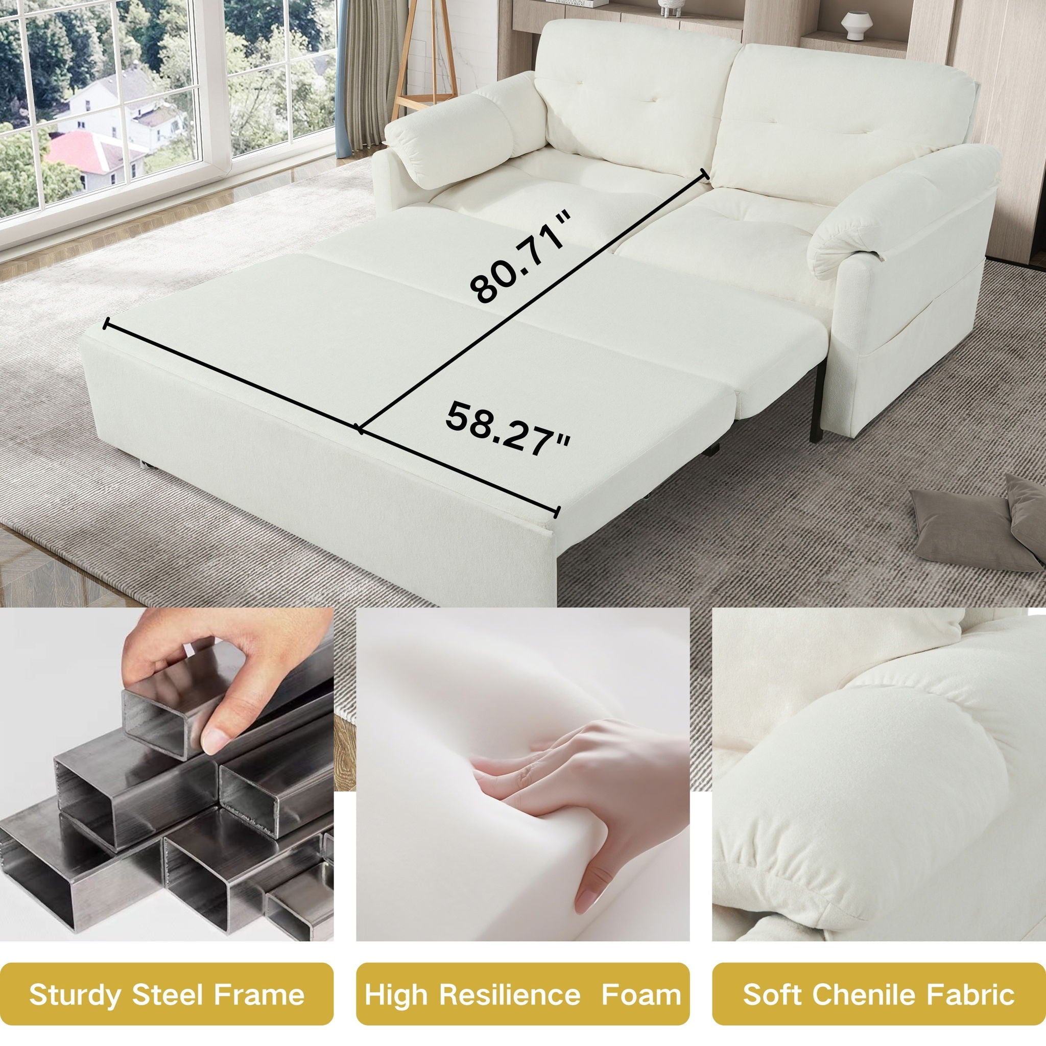Modern Convertible Sleeper Sofa Bed With Pull-Out Queen Design, Side Storage & Thick Cushions