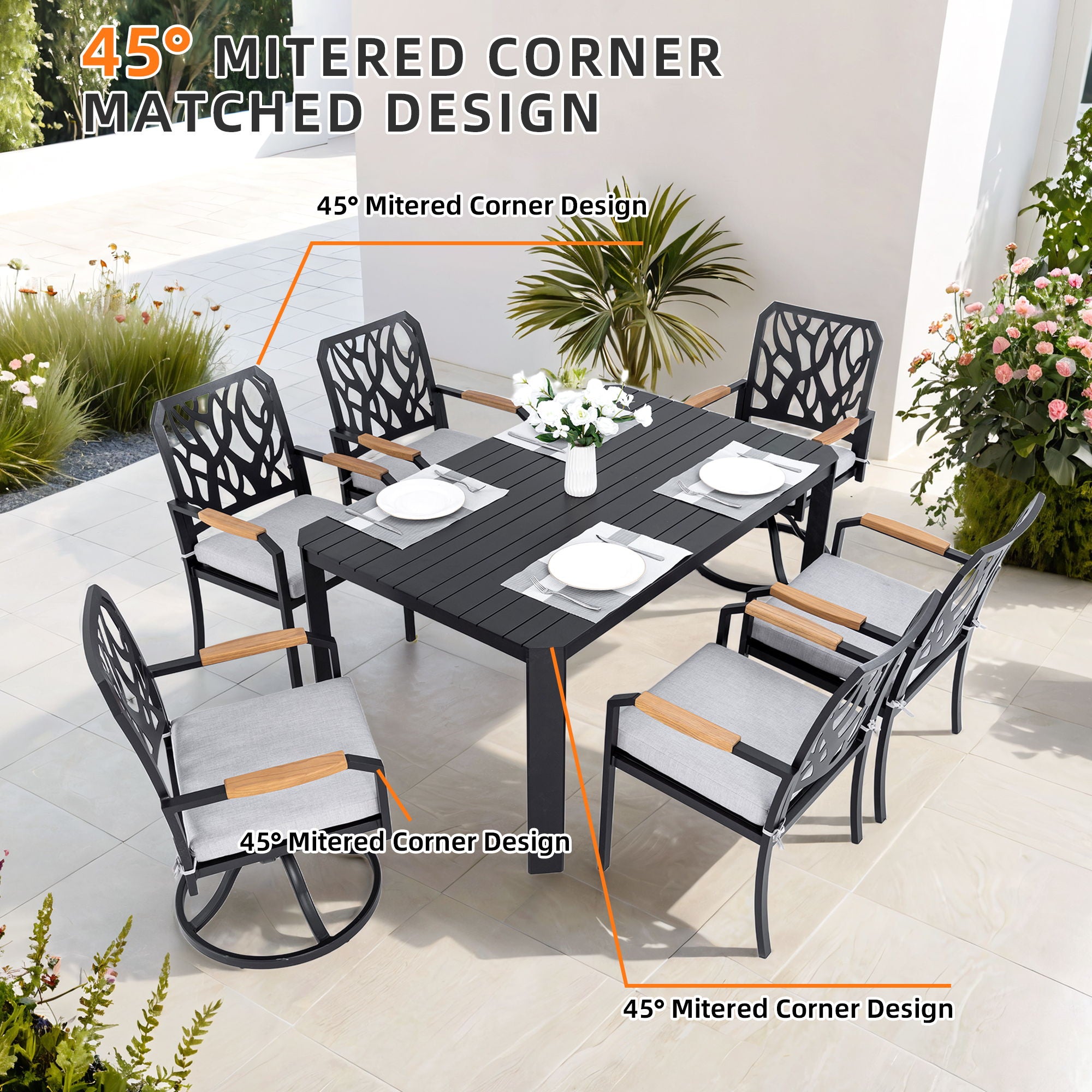 Outdoor Patio Furniture Dining Set With Sunbrella Fabric, Rectangular Table With Umbrella Hole