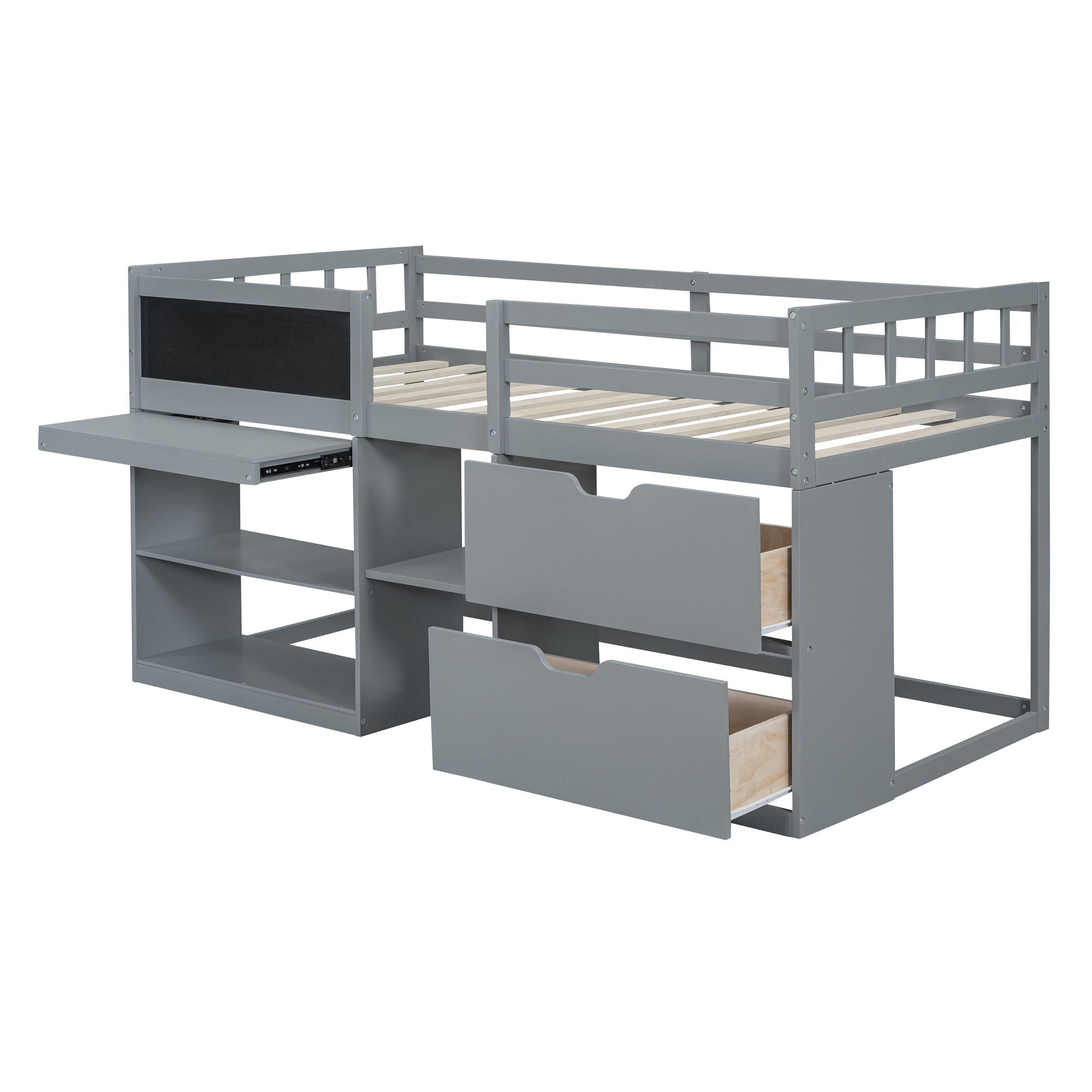 Low Loft Bed With Rolling Desk, Shelf And Drawers