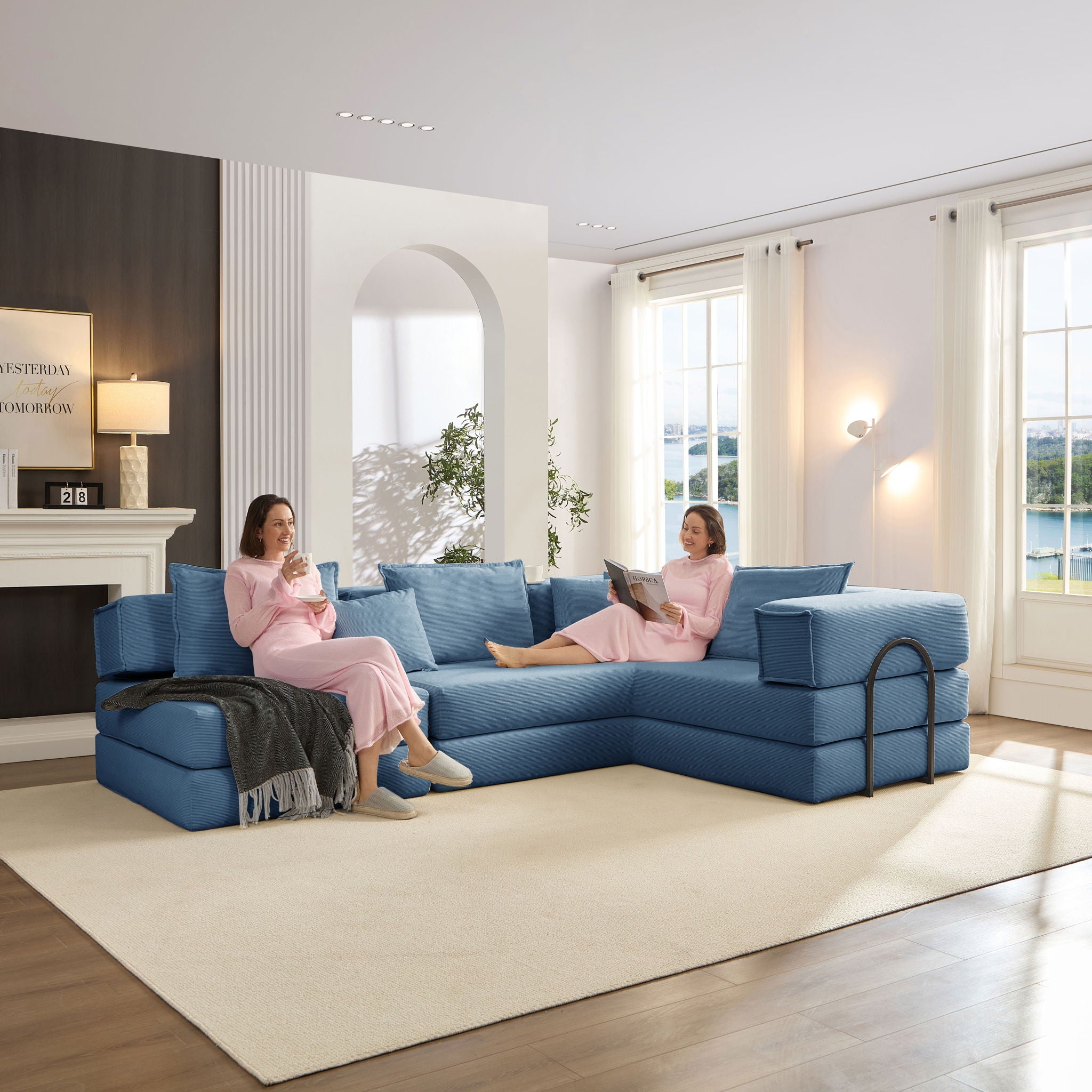 Modular L Shaped Floor Living Room Sofa Set With 6 Pillows