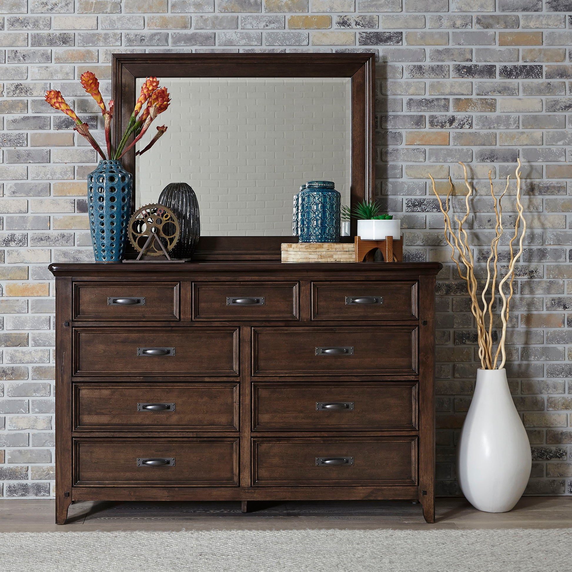 Liberty Furniture Saddlebrook - Dresser & Mirror - Dark Brown | Meri Furniture