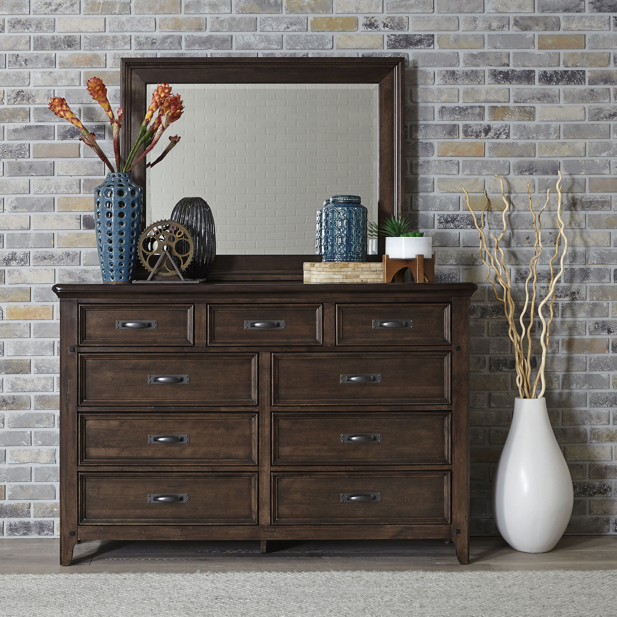 Liberty Furniture Saddlebrook - Dresser & Mirror - Dark Brown | Meri Furniture