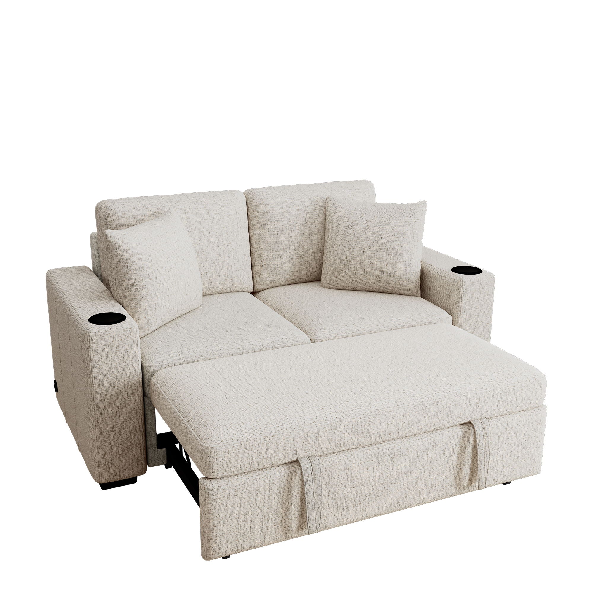 2 Seater Loveseat Sofa With Pull Out Bed, USB Charging, Dual Cup Holders - Beige