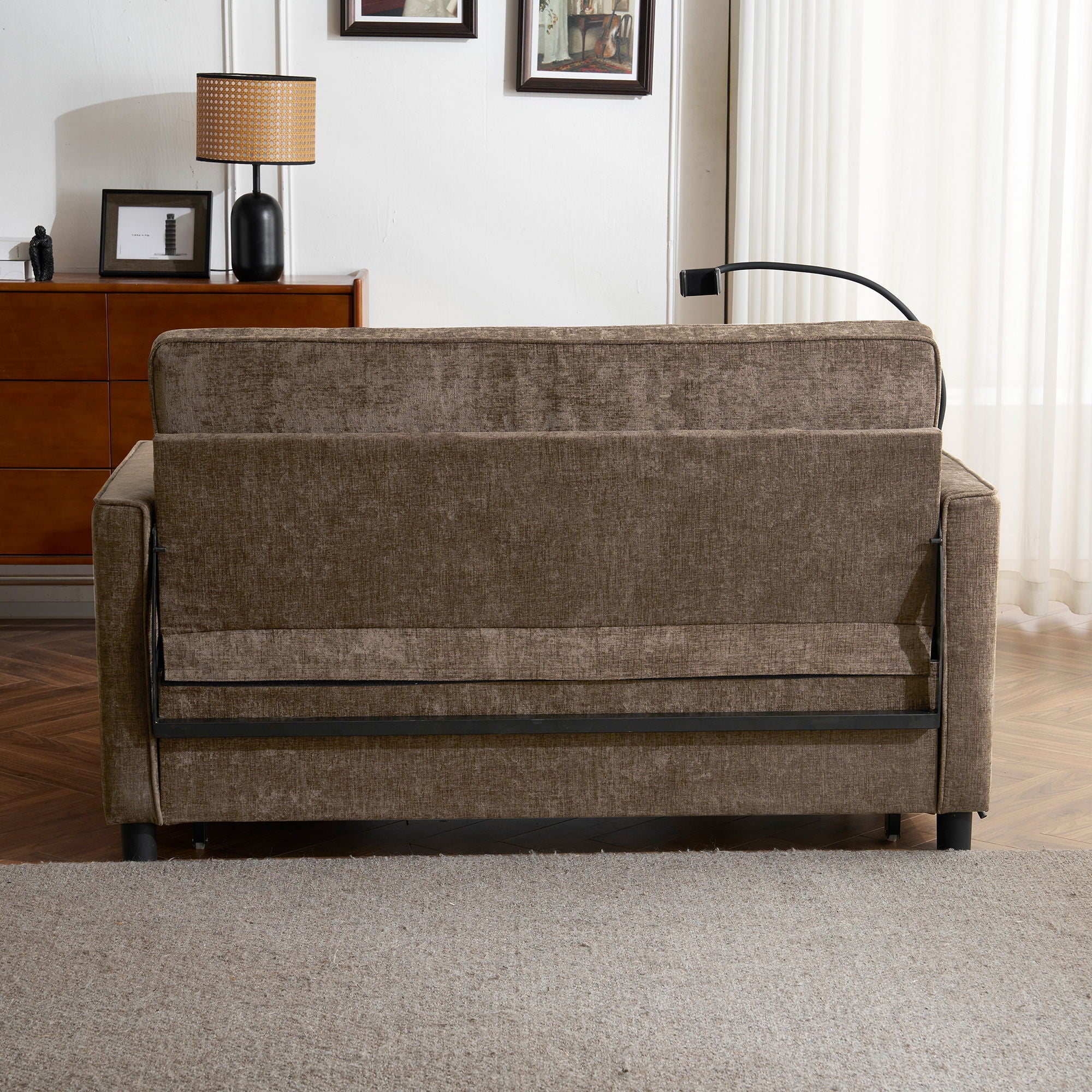 Pull-Out Sleeper Sofa With Reversible Backrest Cushion, Side Pockets, 2 USB Ports And A Phone Holder For Living Room