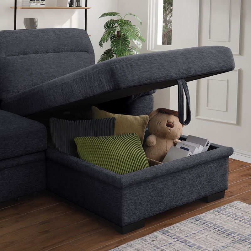 Kipling II 94"W Dark Gray Chenille Fabric Sleeper Sectional Sofa with Right-Facing Chaise, Cupholders, USB Charging port