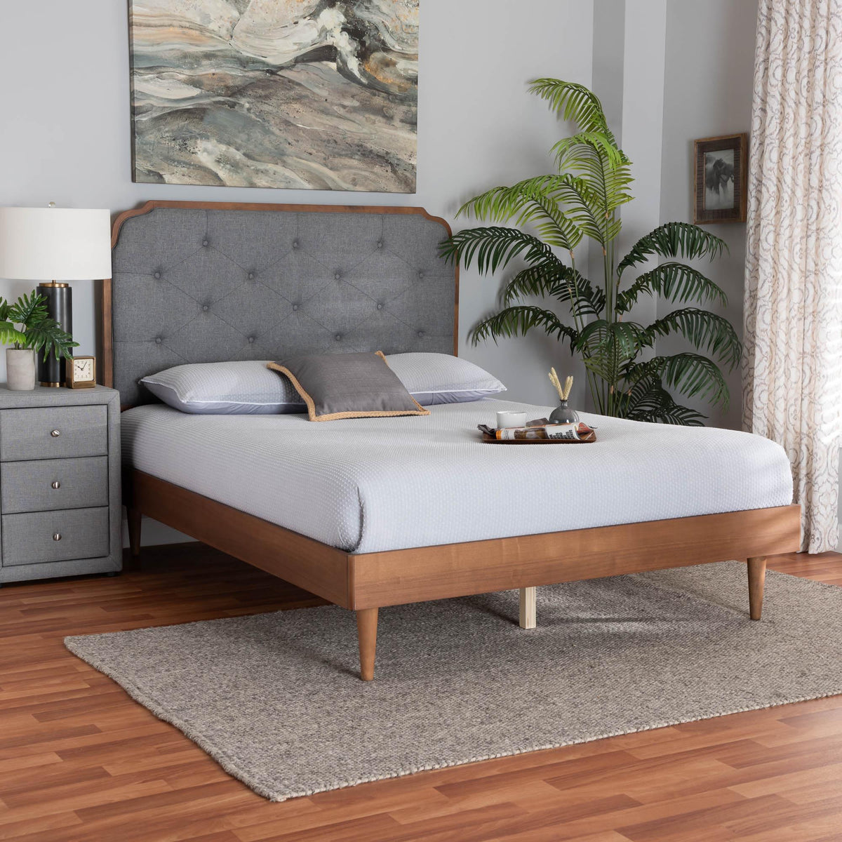 Garron Mid-Century Modern Grey Fabric and Walnut Brown Wood King Size Platform Bed