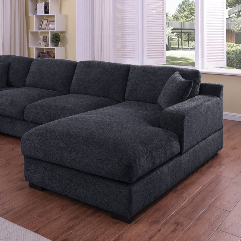 Celine 128"W Charcoal Chenille Fabric Corner Sectional Sofa with Right-Facing Chaise, Cupholders, and Charging Ports