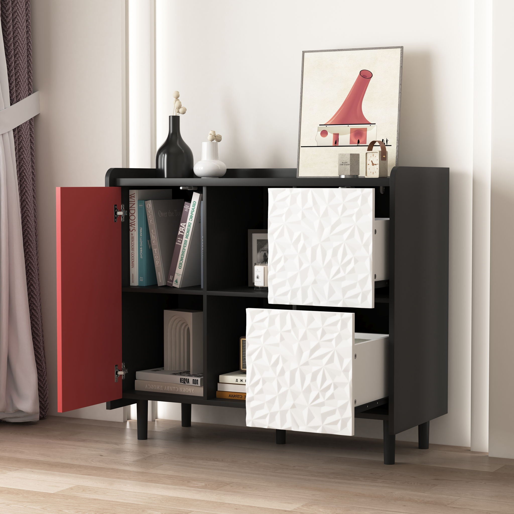 Modern Sideboard Buffet Cabinet With Red Doors And Unique Panel Styling
