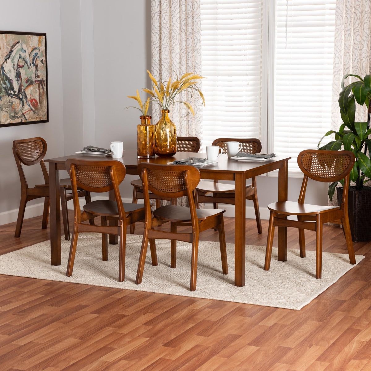 Jeriah Mid-Century Modern Walnut Brown Finished Wood and Woven Rattan 7-Piece Dining Set