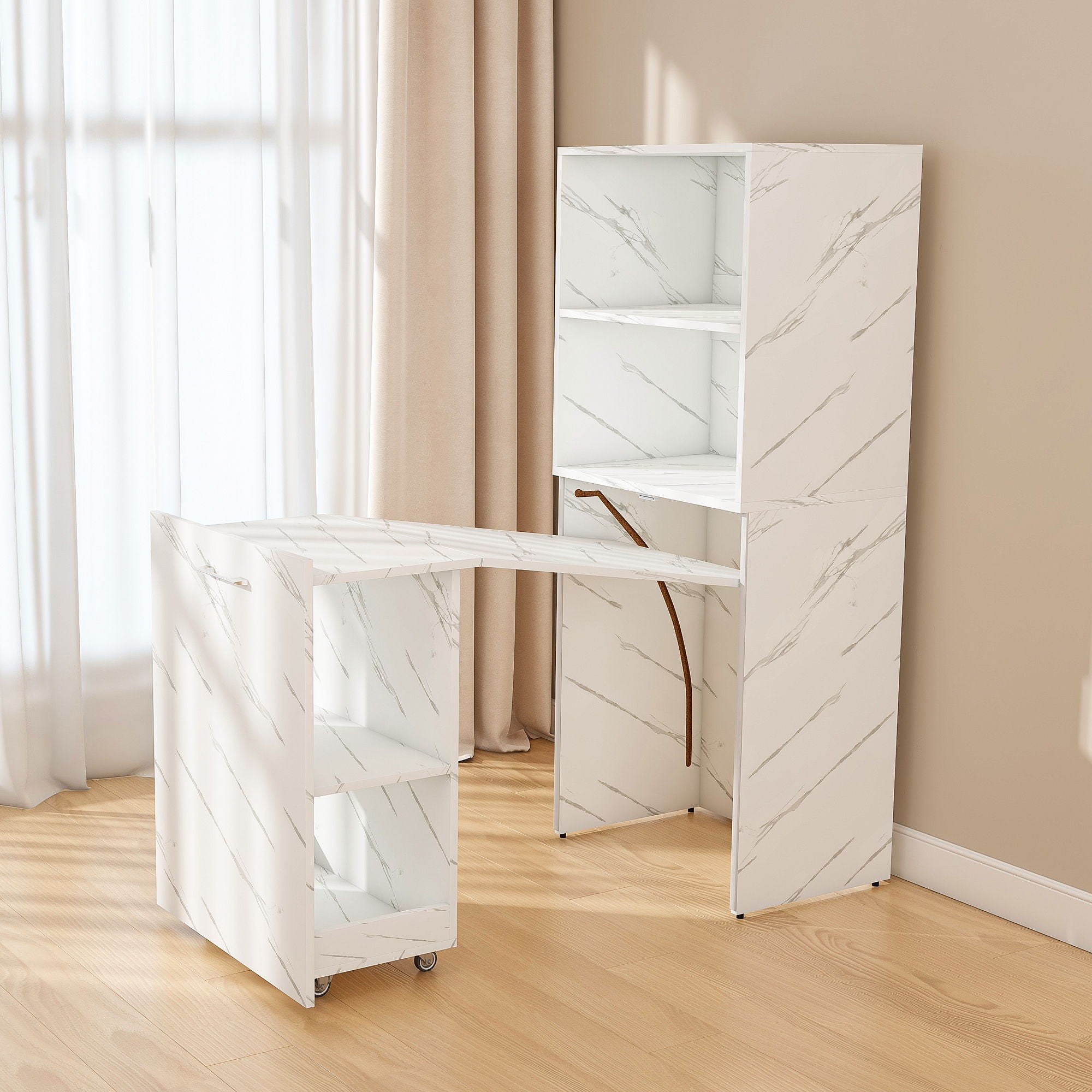 Stretchable Office Desk With Storage Shelves And Mobile Wheels, Foldable Design For Small Apartments - White Marble