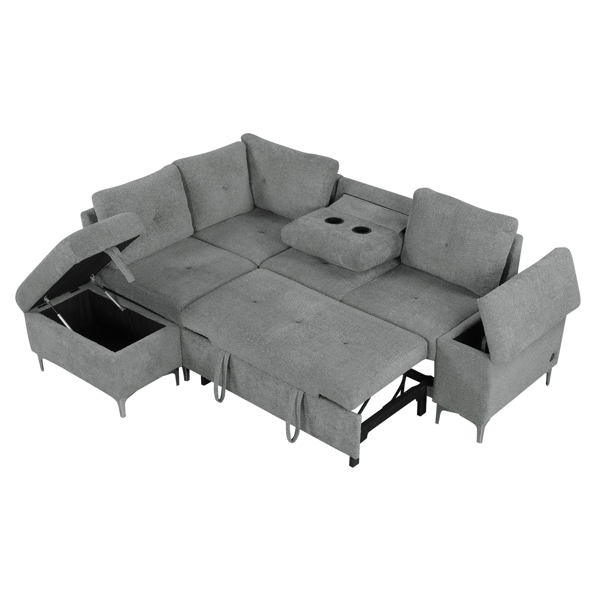 Versatile L Shaped Sofa Bed With Storage, Cup Holders, USB Ports Chenille