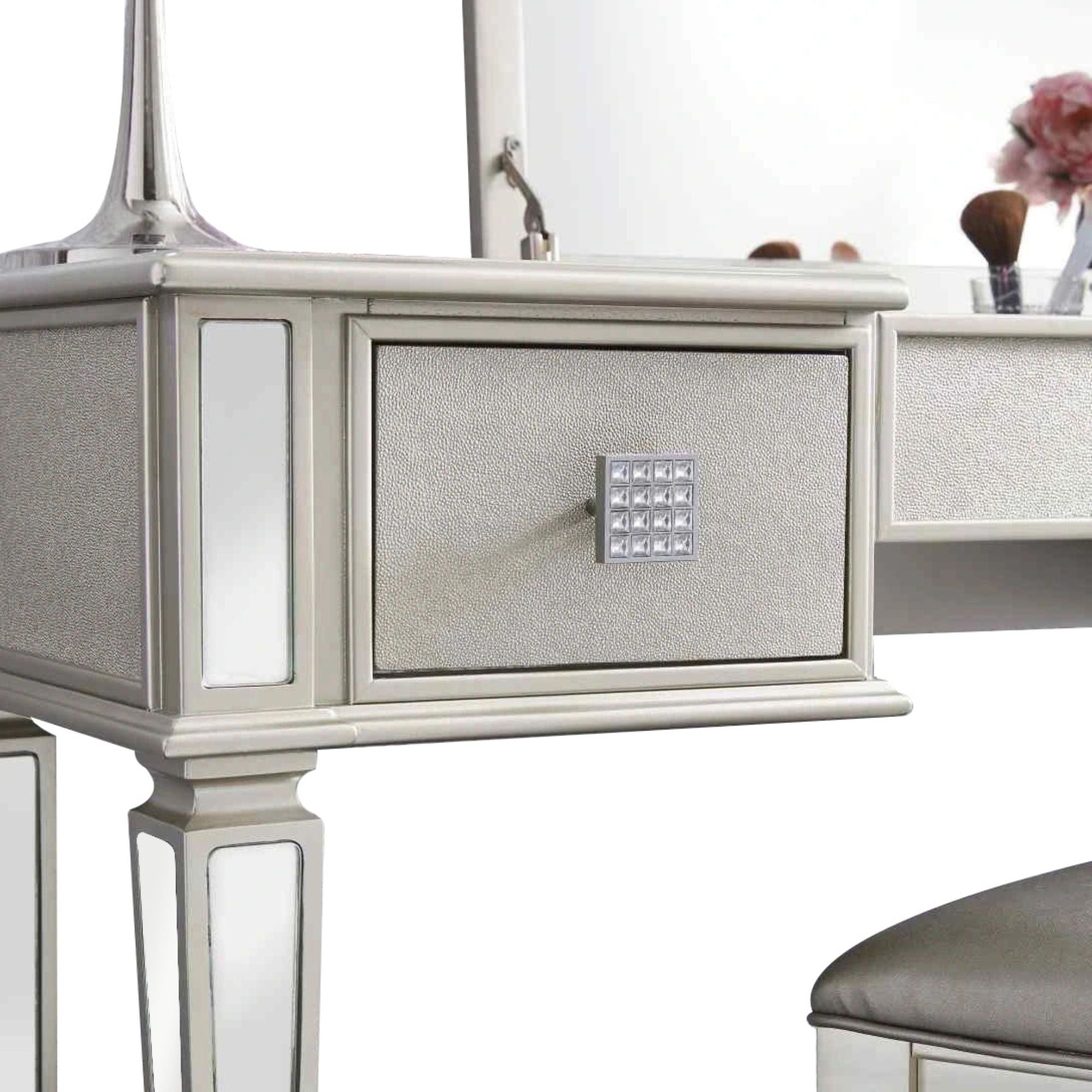 Mirrored Vanity Desk With Drawers And Stool, Flip Up Dressing Table Set For Makeup Room