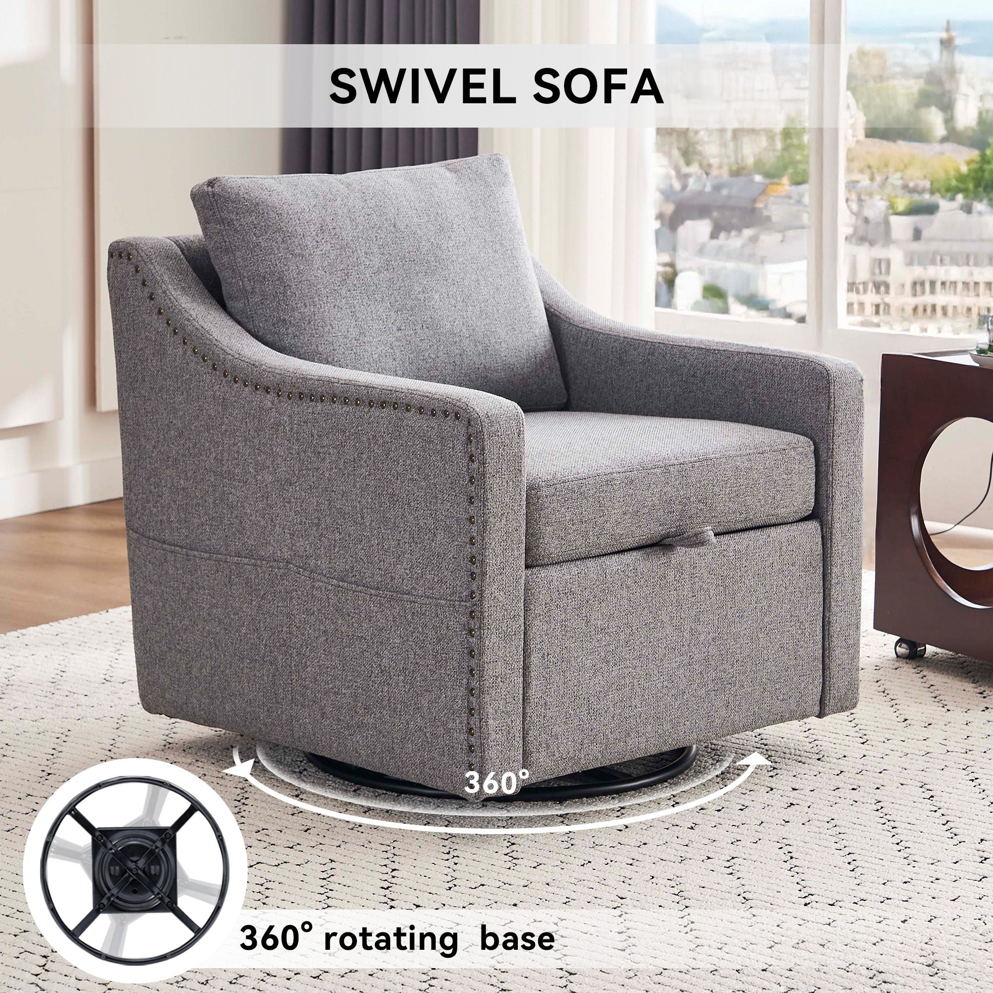 Linen Fabric 360° Swivel Accent Chair With Upholstered Back Pillow And Rivet Armrest