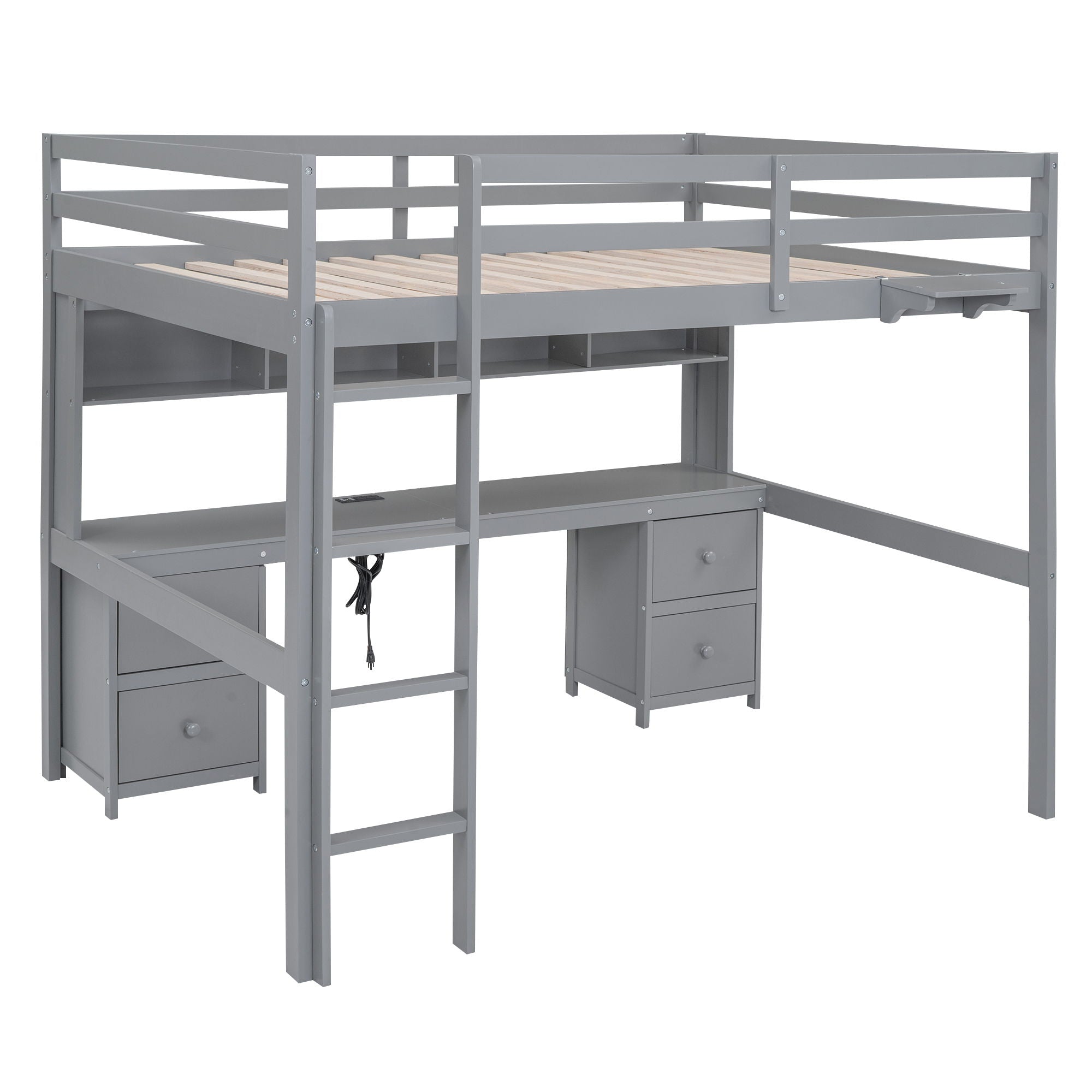 Loft Bed With Desk, Cabinets, Drawers, Charging Station And Bedside Tray