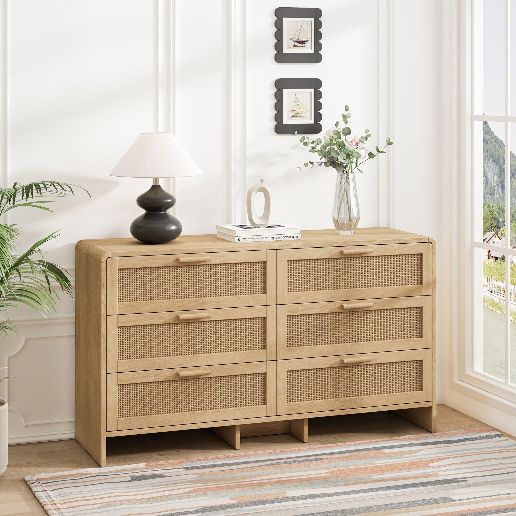 Modern Arc Shaped Corner Rattan Cabinet With 6 Drawers