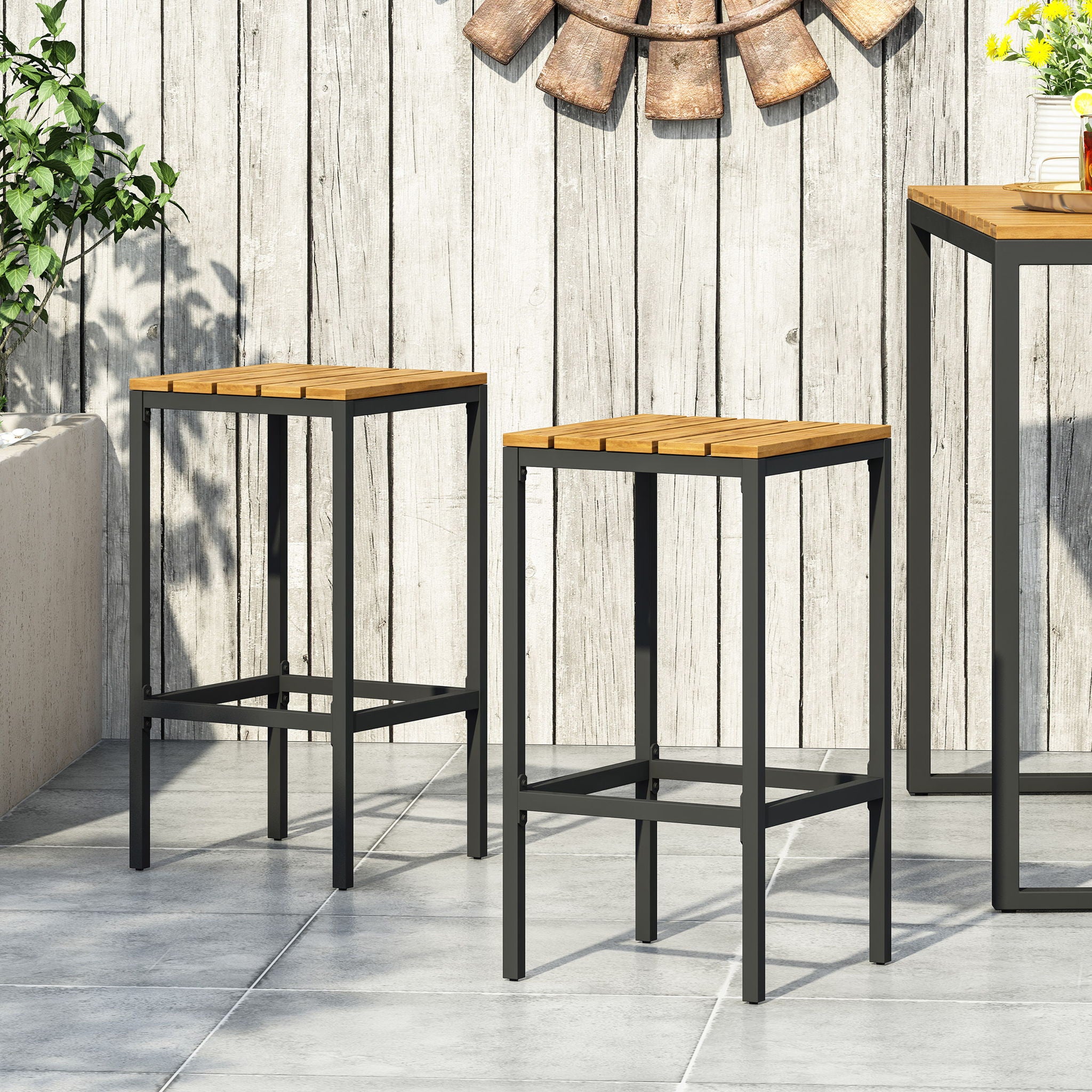 Outdoor Bar Stool With Slat Design And Metal Frame (Set of 2)