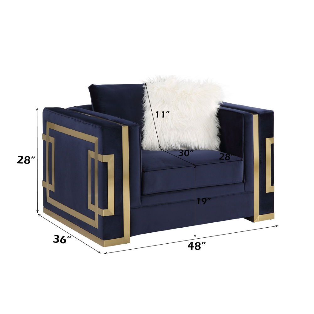 Virrux - Chair With 2 Pillows - Blue Velvet & Gold