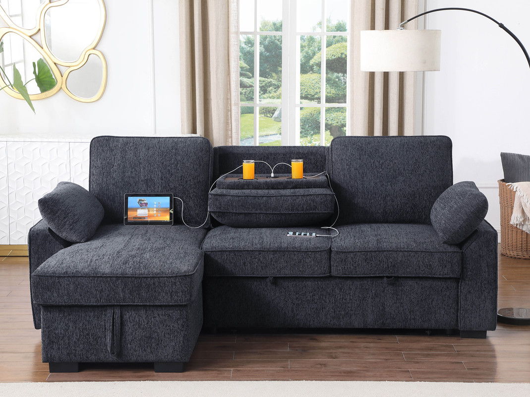 Mackenzie 91"W Charcoal Chenille Fabric Reversible Sleeper Sectional with Storage Chaise, Drop-Down Table, Cup Holders and Charging Ports