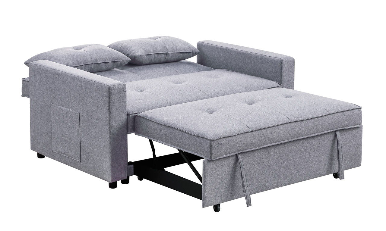 Zoey 56"W Light Gray Linen Convertible Sleeper Loveseat with Side Pocket