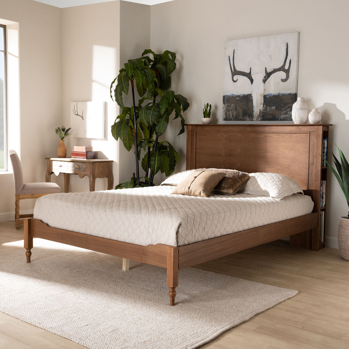 Danielle Traditional and Transitional Rustic Ash Walnut Brown Finished Wood King Size Platform Storage Bed with Built-In Shelves