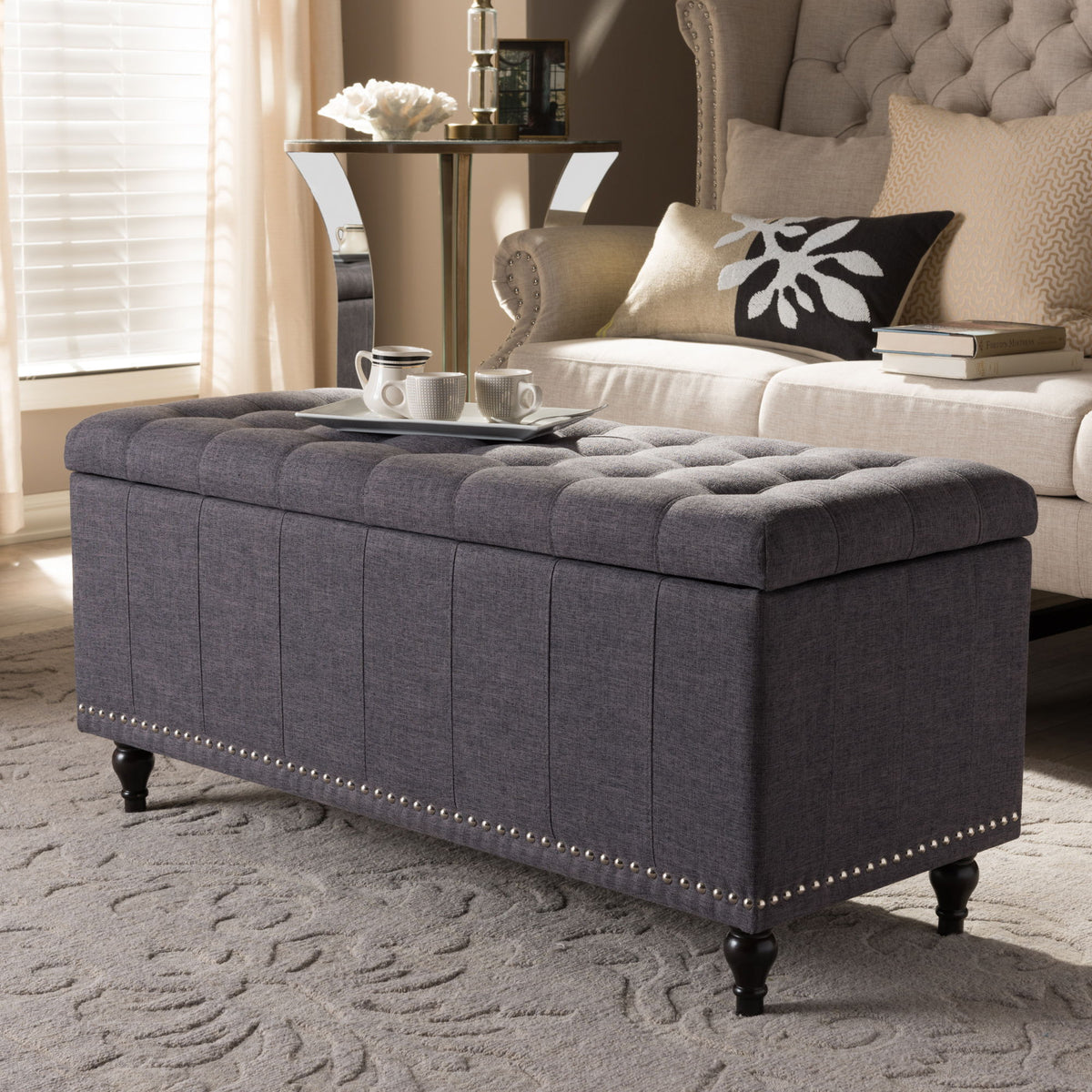 Kaylee Modern Classic Dark Grey Fabric Upholstered Button-Tufting Storage Ottoman Bench