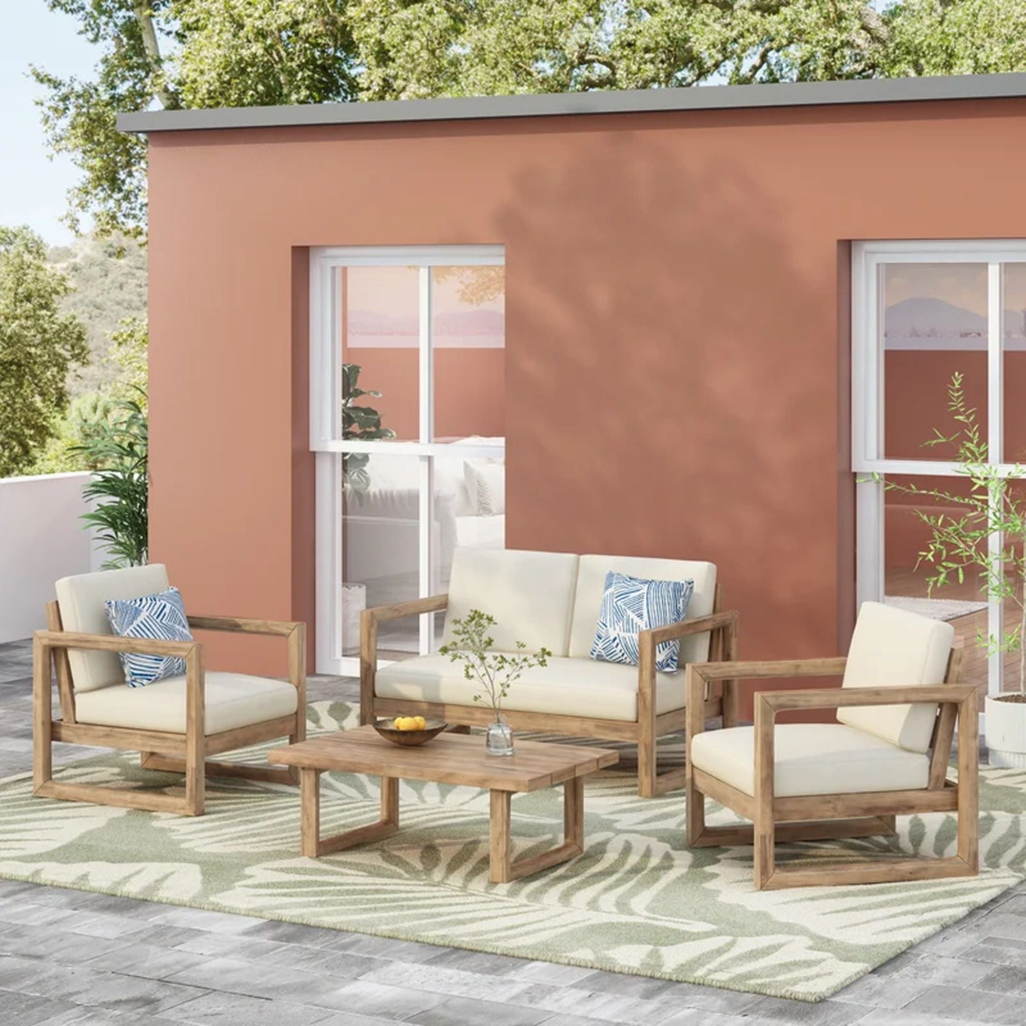 4 Pieces Acacia Wood Patio Furniture Set, Outdoor Furniture With Coffee Table, Patio Conversation Set Deep Seating With Soft Cushion, Porch Chairs For Backyard Porch Balcony - Brown Wash / Beige