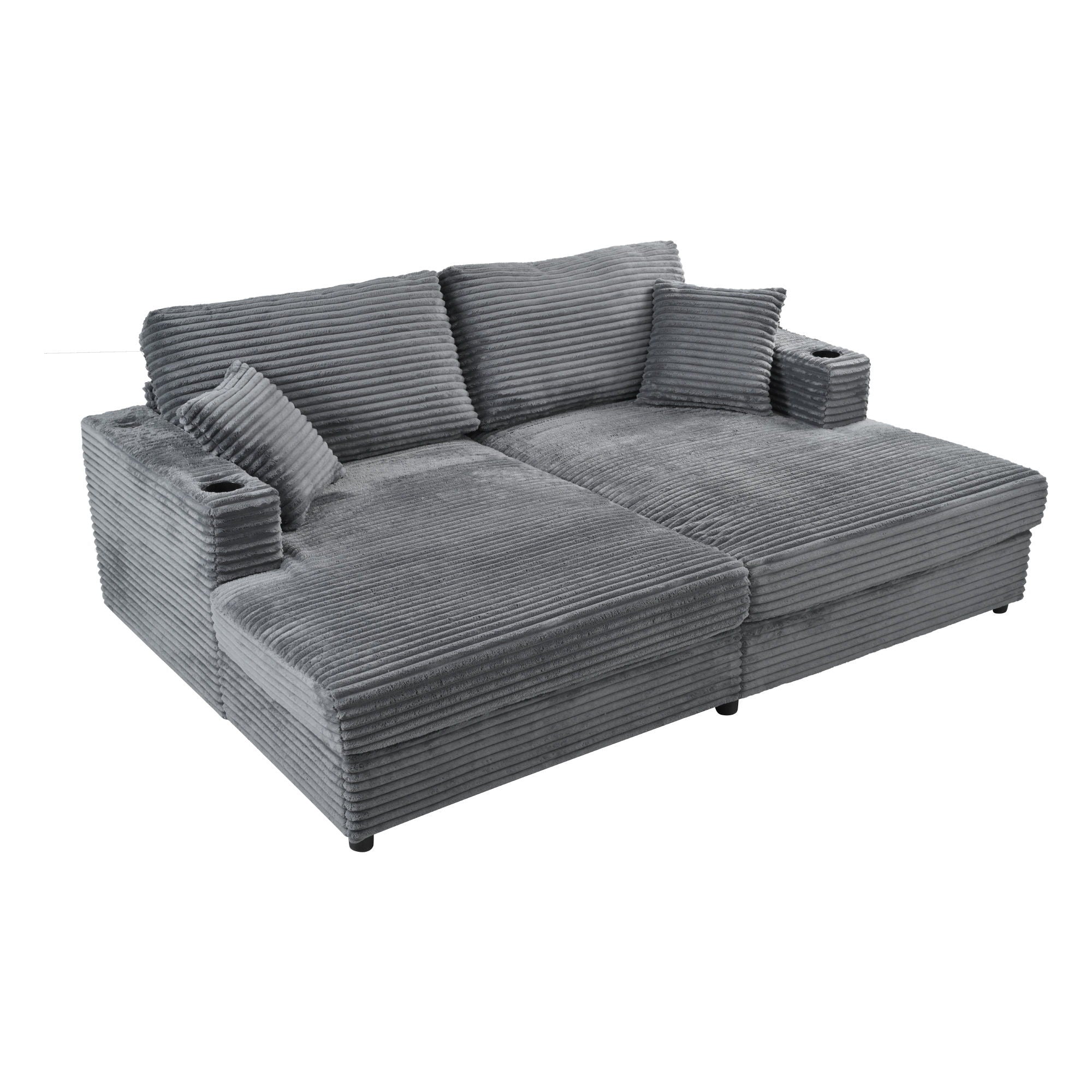 Oversized Loveseat Chaise With 2 USB Ports, 2 Cup Holders And 2 Throw Pillows