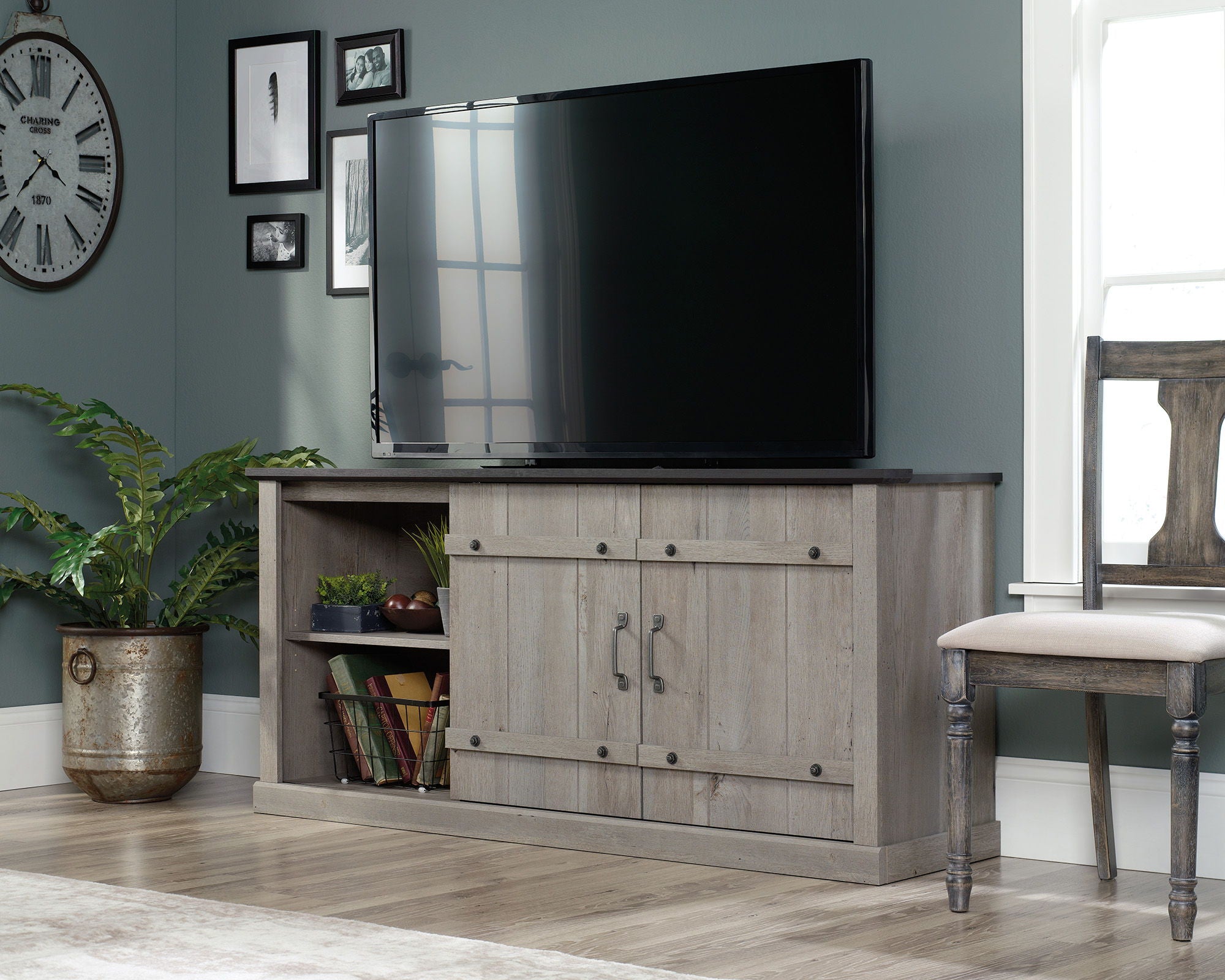 Mystic Oak TV Credenza with Black Accent Top