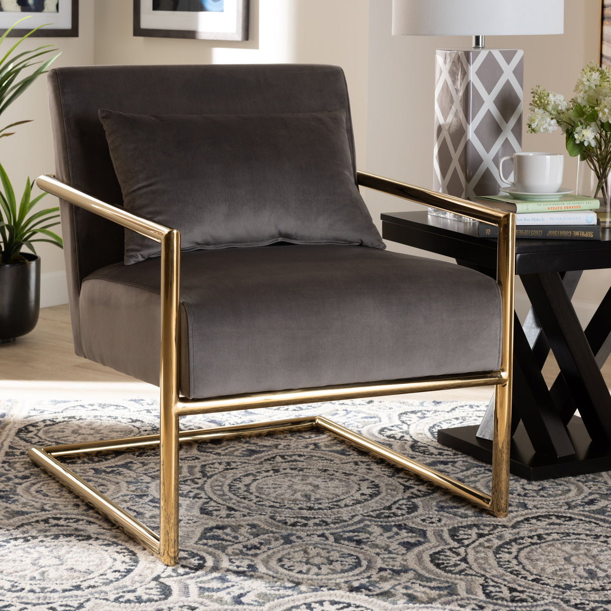 Mira Glam and Luxe Grey Velvet Fabric Upholstered Gold Finished Metal Lounge Chair