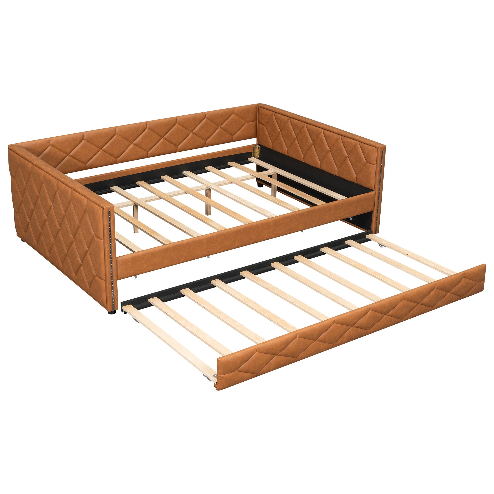 Upholstered Full Long Daybed With Trundle And LED Armrests - Brown