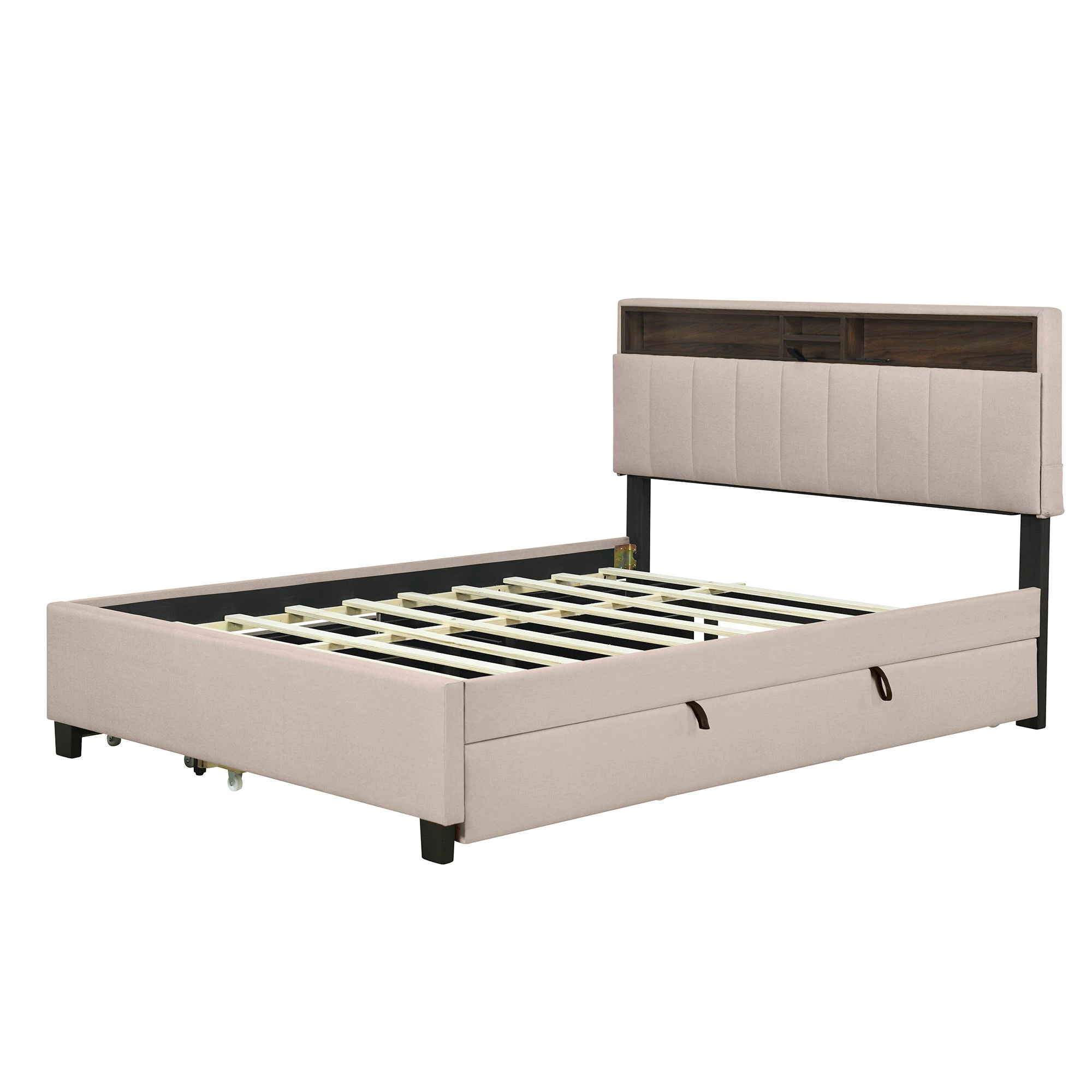 Upholstered Platform Bed With Storage Headboard, Trundle & 2 Drawers And A Set Of Sockets & USB Ports