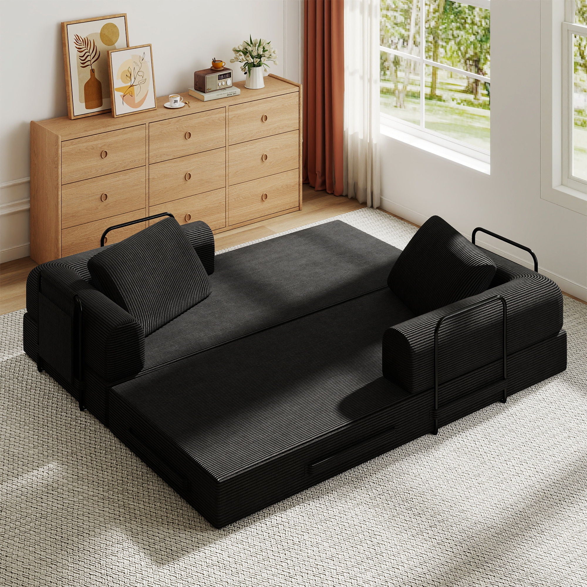 Convertible Sleeper Sofa Bed With Cylindrical Pillow, Fixed Shape Frame