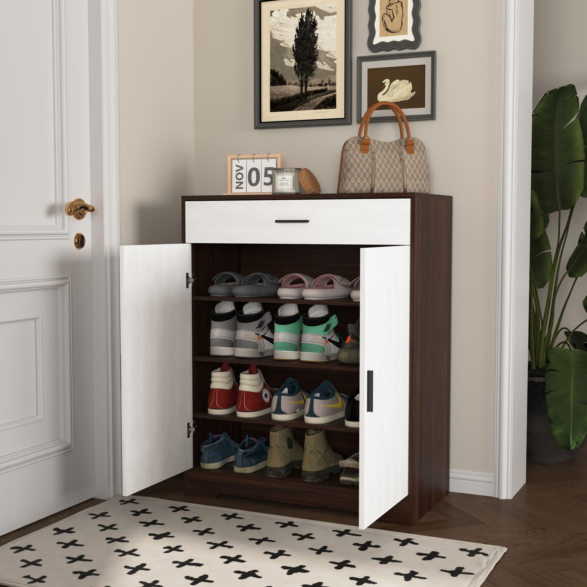 Freestanding Wooden Shoe Cabinet, 4 Tier Organizer With Drawer
