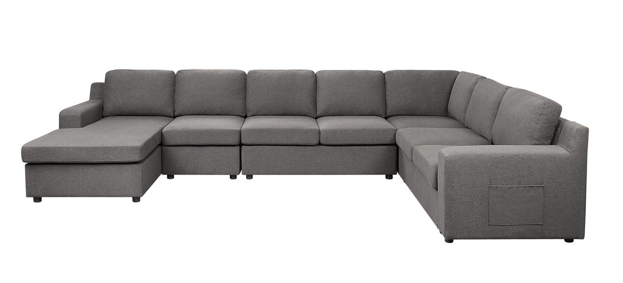 Waylon 145.5"W Gray Linen 7-Seater U-Shape Sectional Sofa Chaise with Pocket