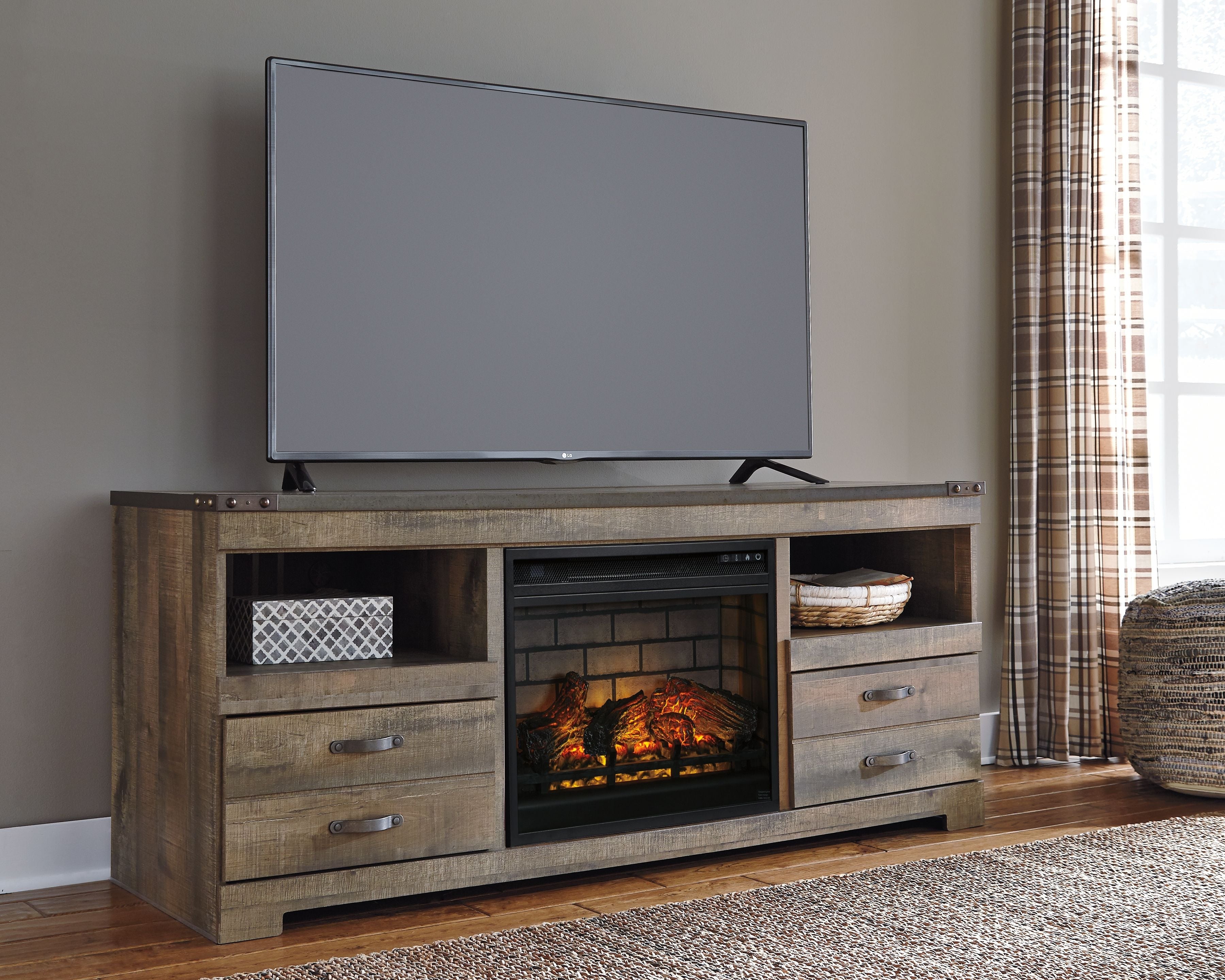 Signature Design by Ashley® Trinell - Brown - 63" TV Stand With Glass/Stone Fireplace Insert | Meri Furniture