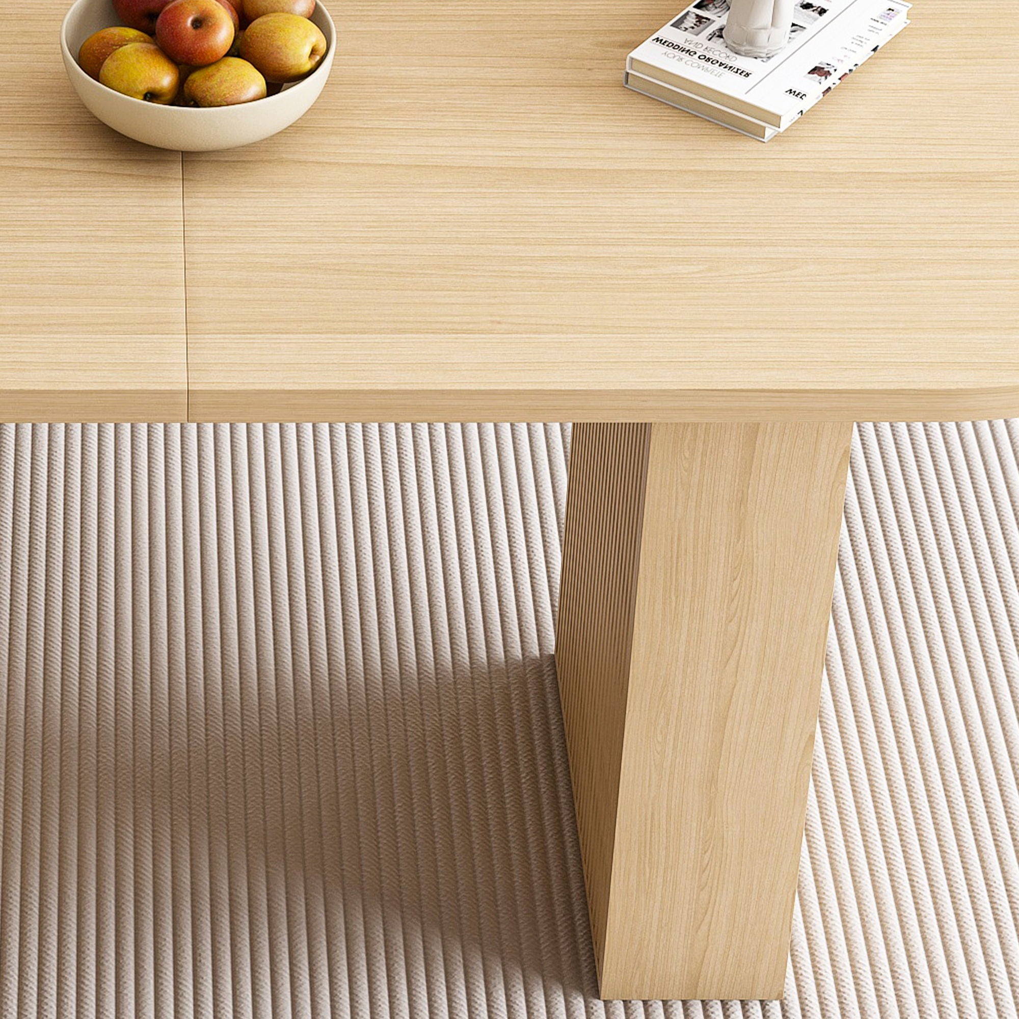 Oval Dining Table For 6 People With Wood Strip Base - Burly Wood