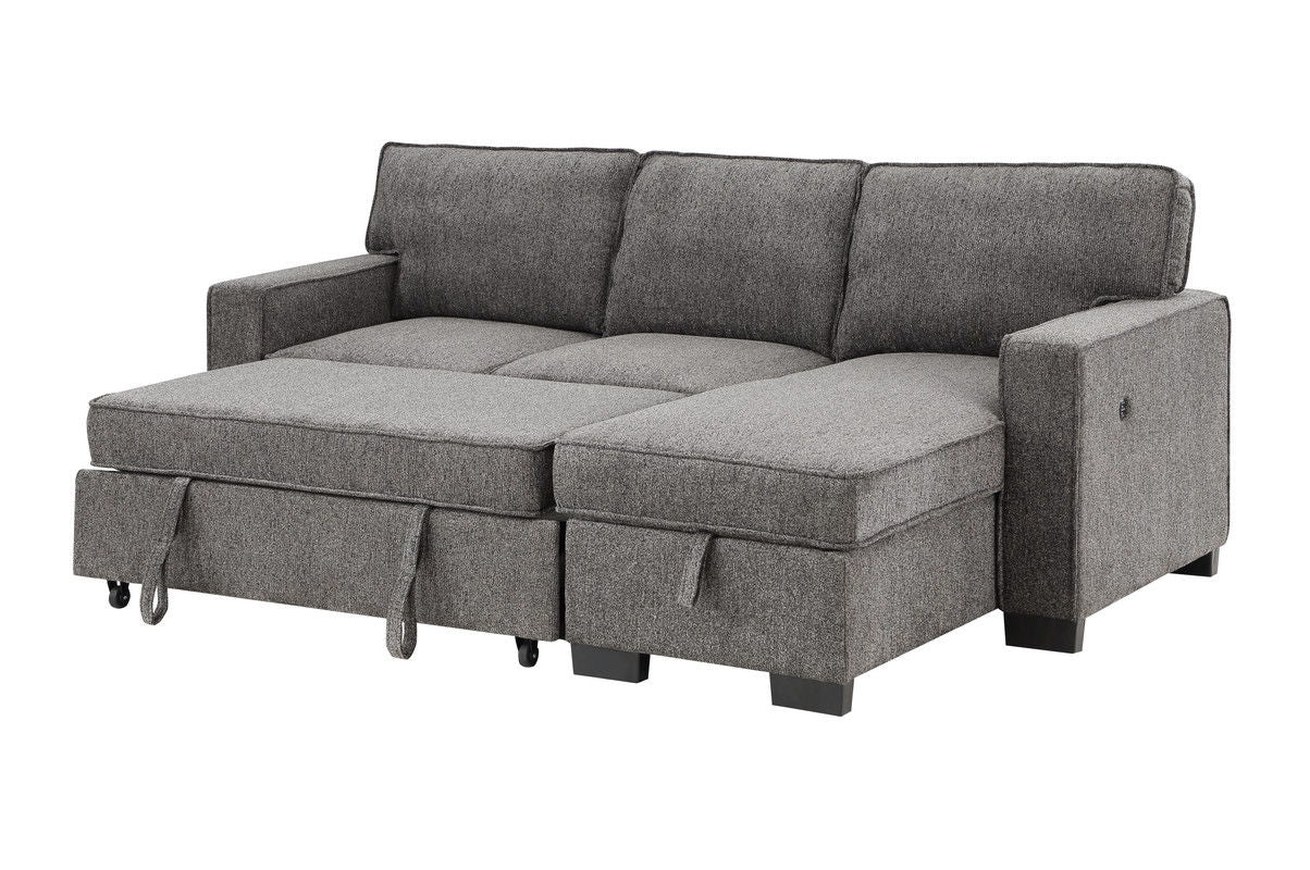Estelle 86.5"W Dark Gray Fabric Reversible Sleeper Sectional with Storage Chaise Drop-Down Table 2 Cup Holders and 2 USB Ports