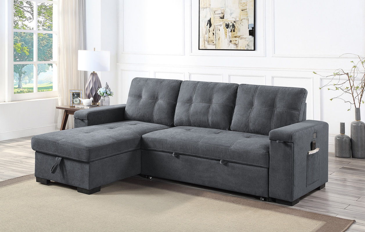 Toby 95"W Gray Woven Fabric Reversible Sleeper Sectional Sofa with Storage Chaise Cup Holder Charging Ports and Pockets
