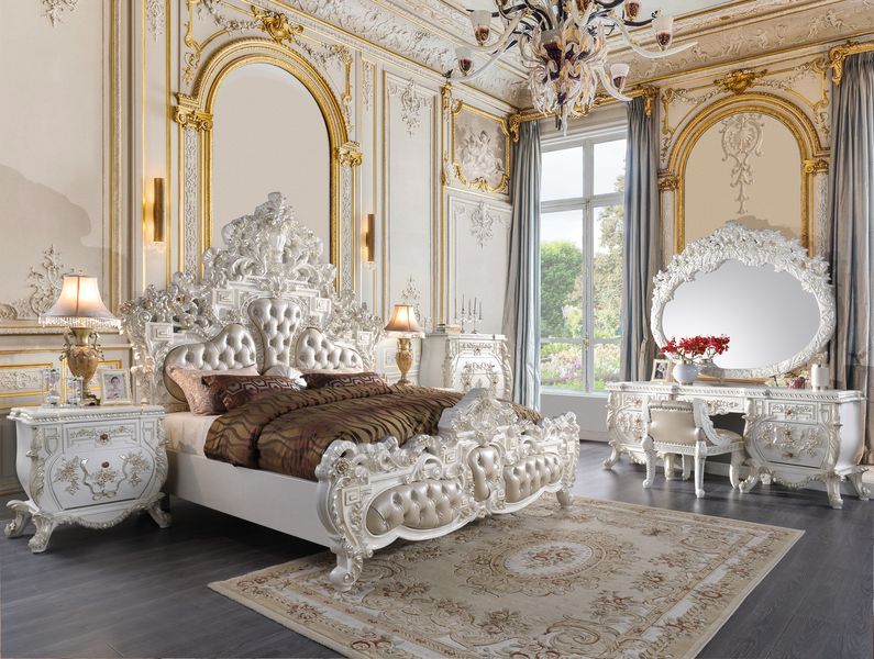 ACME Vanaheim - Vanity Stool - Beige PU & Antique White Finish | Meri Furniture
