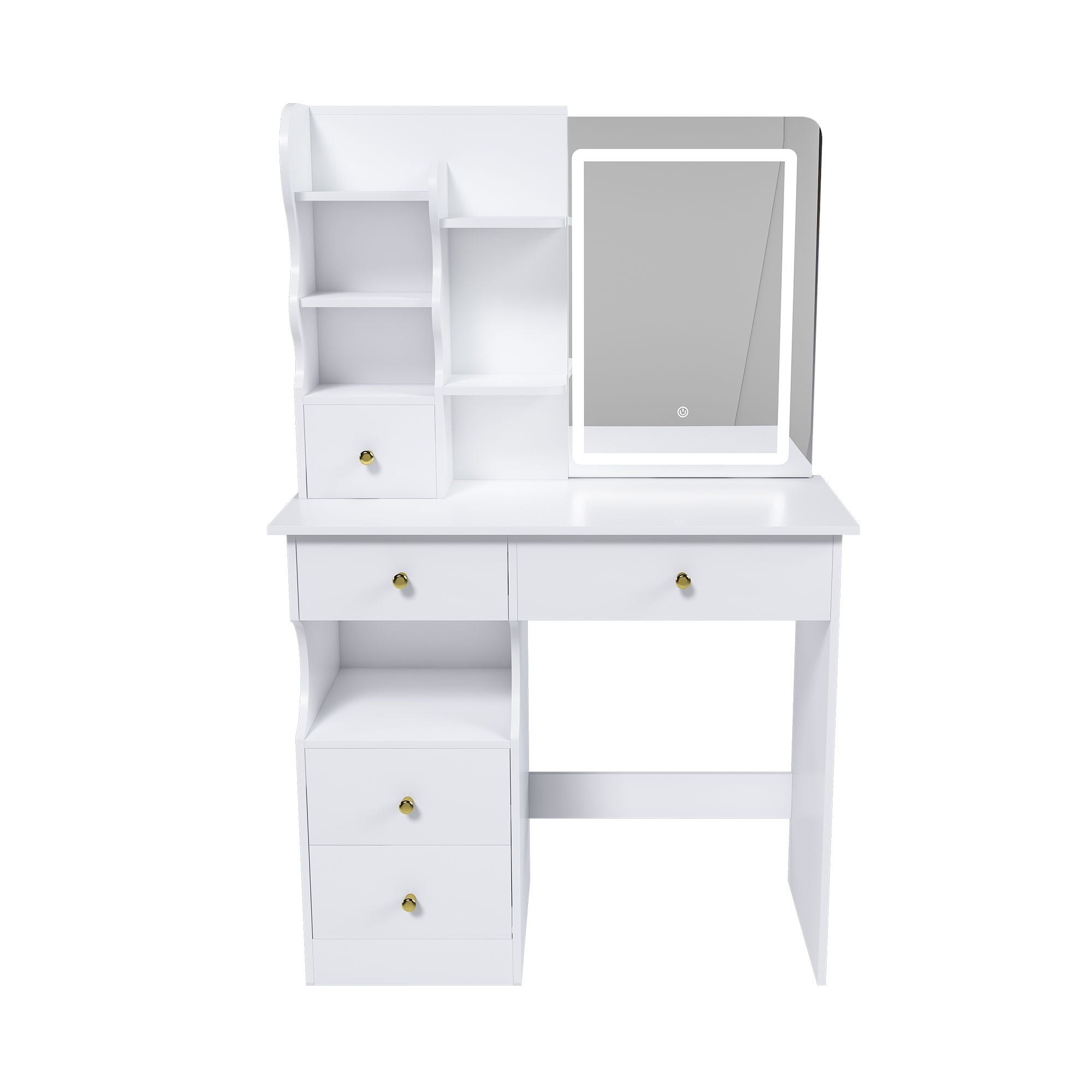 Dressing Table With Movable Mirror And LED Light, 5 Drawer Storage Organizer - White