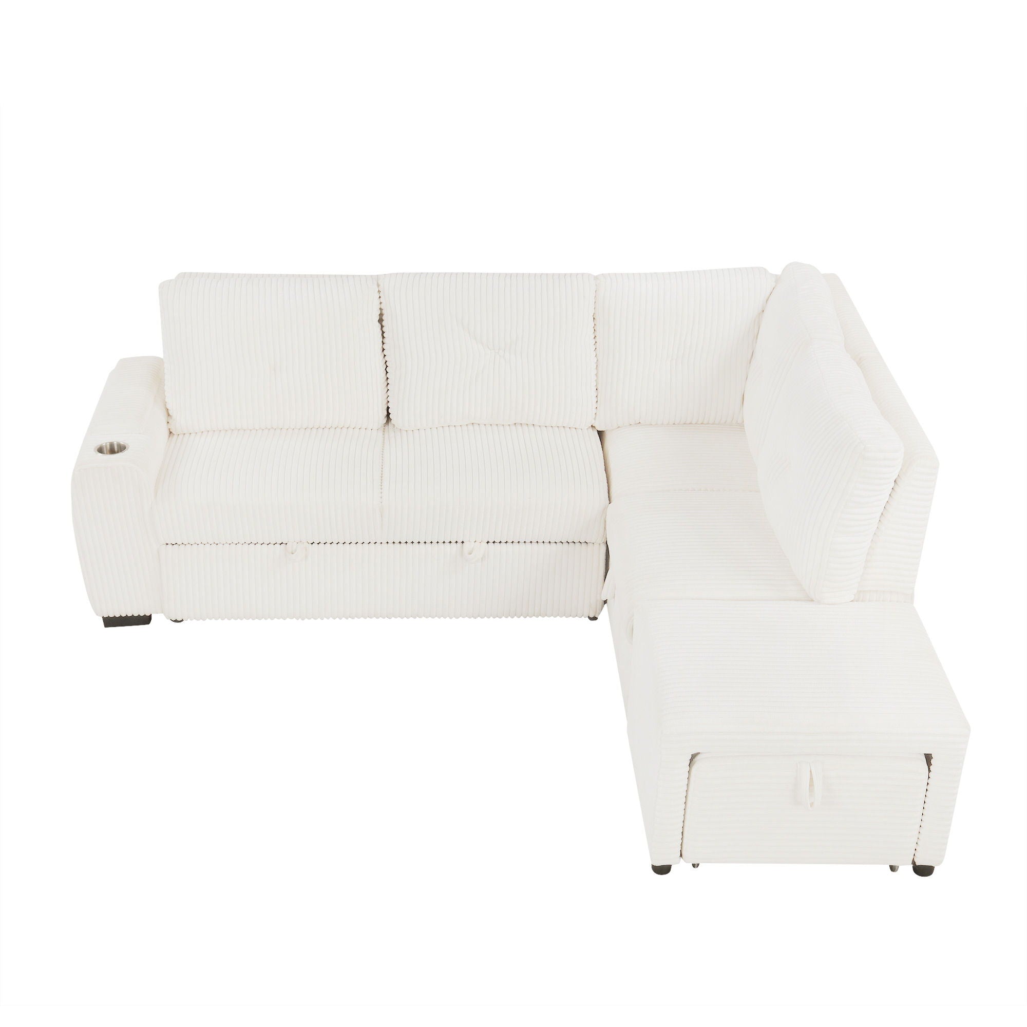 Pull-Out L-Shaped Sectional Sofa With Movable Ottoman And Stool, Large Storage Space, A Cup Holder, And 2 USB Ports For Living Room