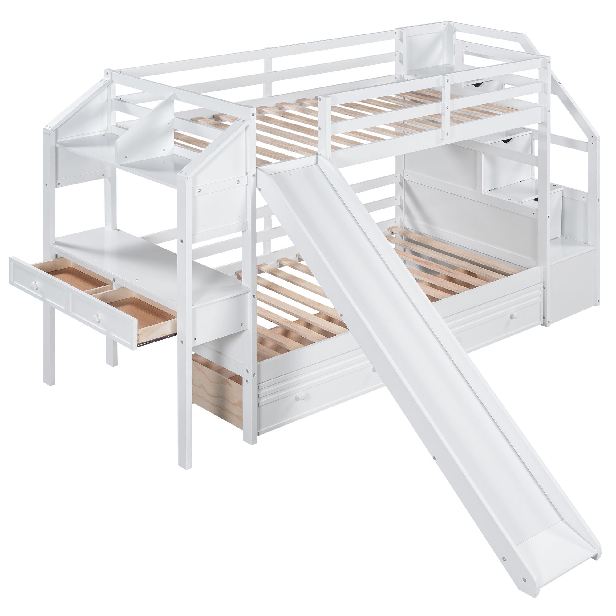 Bunk Bed With Storage Staircase, Slide, Desk, Drawers, And Shelves