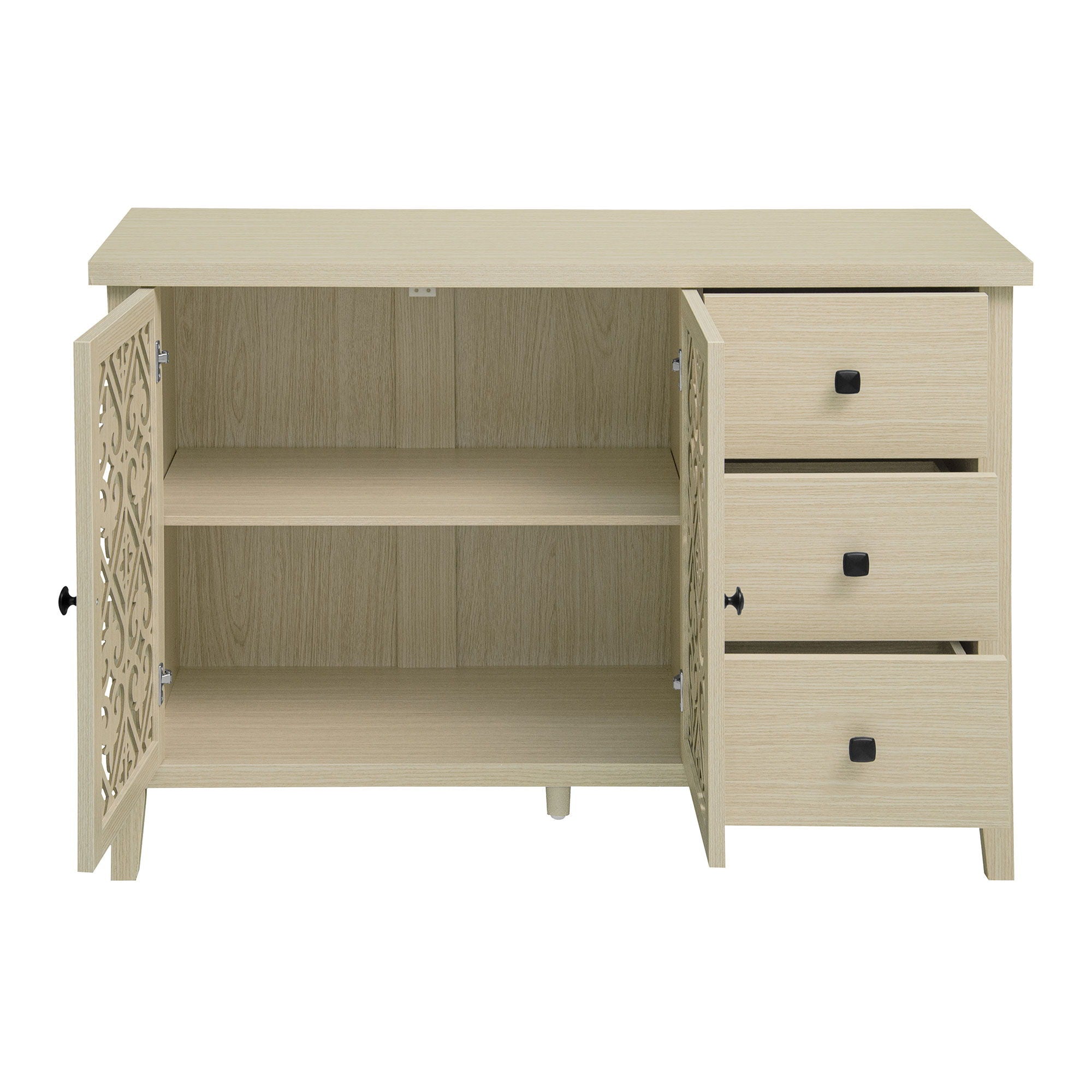 Hollowed Out Cabinet With 2 Door 3 Drawers, American Furniture, Suitable For Bedroom, Living Room, Study - Natural