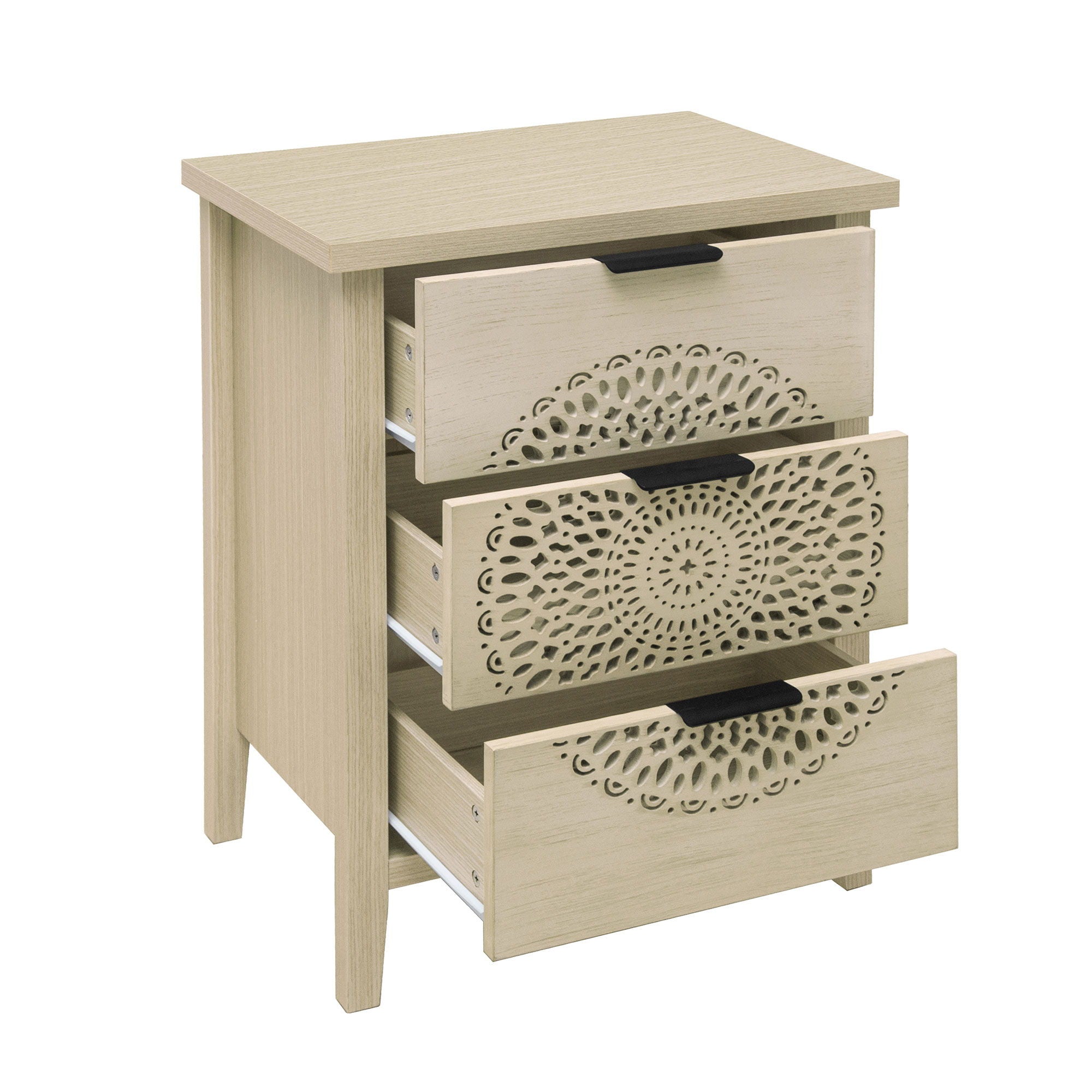 Hollow Carved 3 Drawer Cabinet Dresser Storage Chest With Metal Handles For Living Room Bedroom - Natural