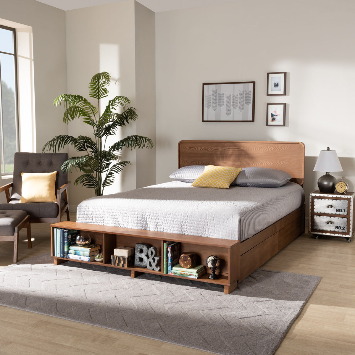 Vita Modern Transitional Ash Walnut Brown Finished Wood 4-Drawer Queen Size Platform Storage Bed